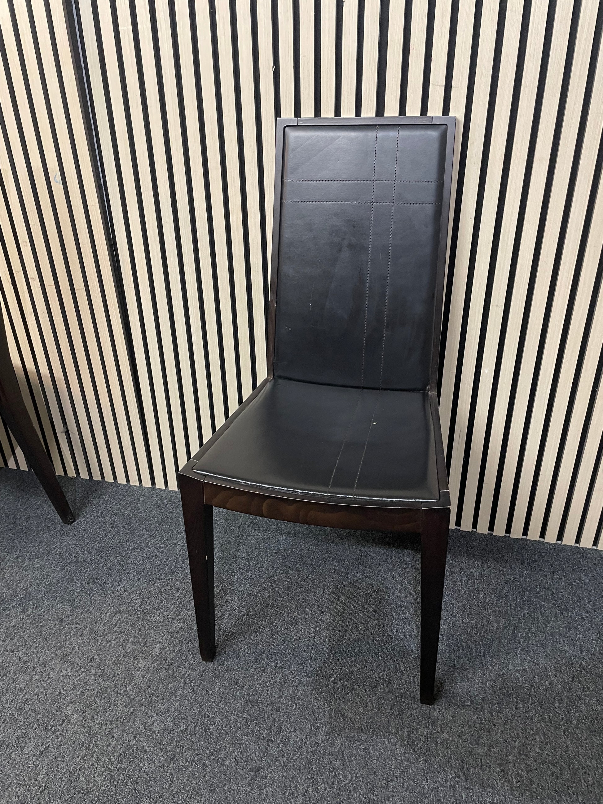 black leatherette dining chair with dark wood frame  2425