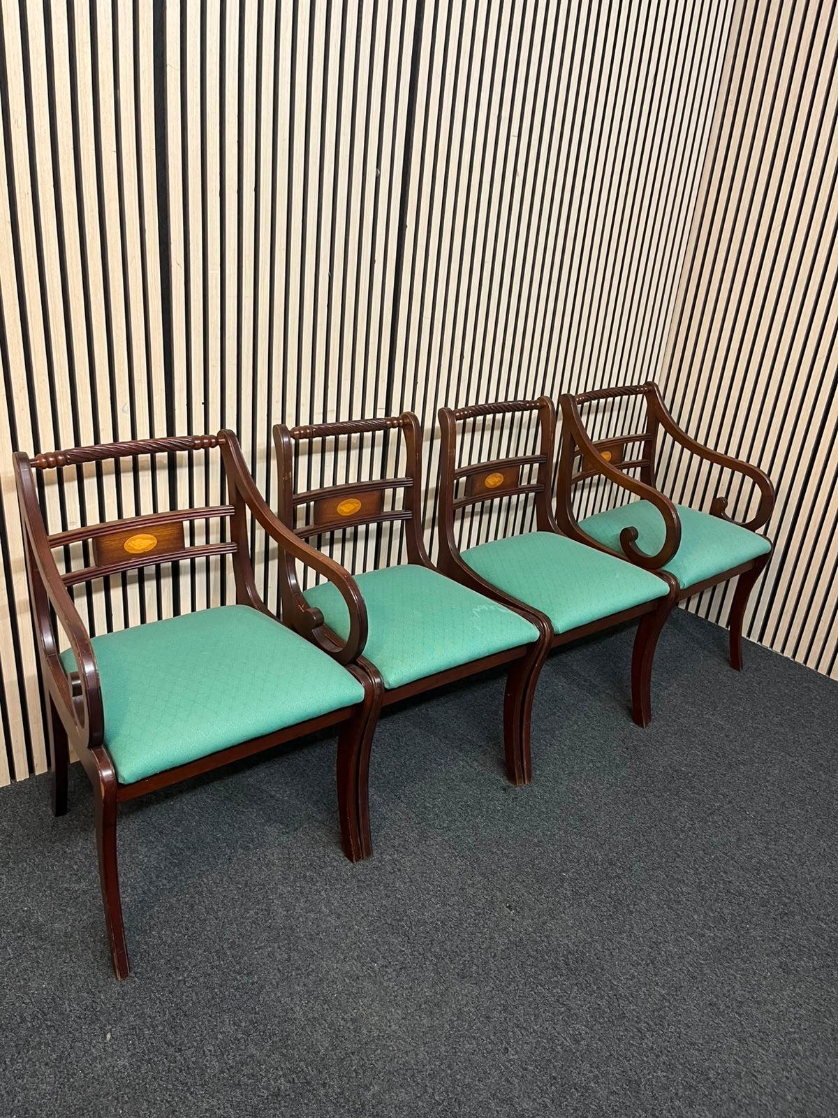Ornate inlaid mahogany dining chair with teal fabric seat (SET OF 2 CARVERS AND 2 DINING CHAIRS) 43355