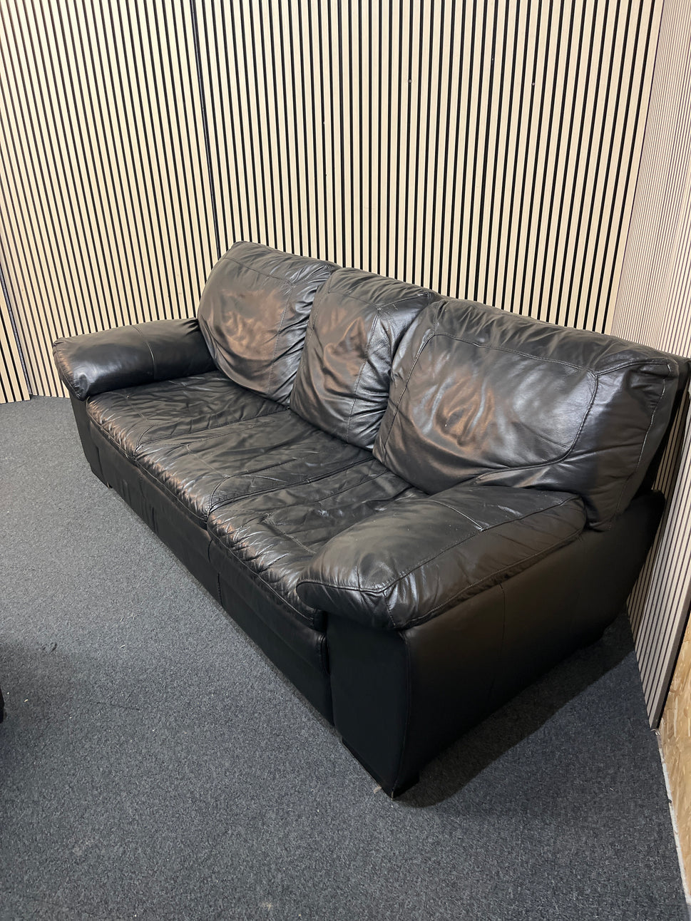 3 seater real black leather sofa