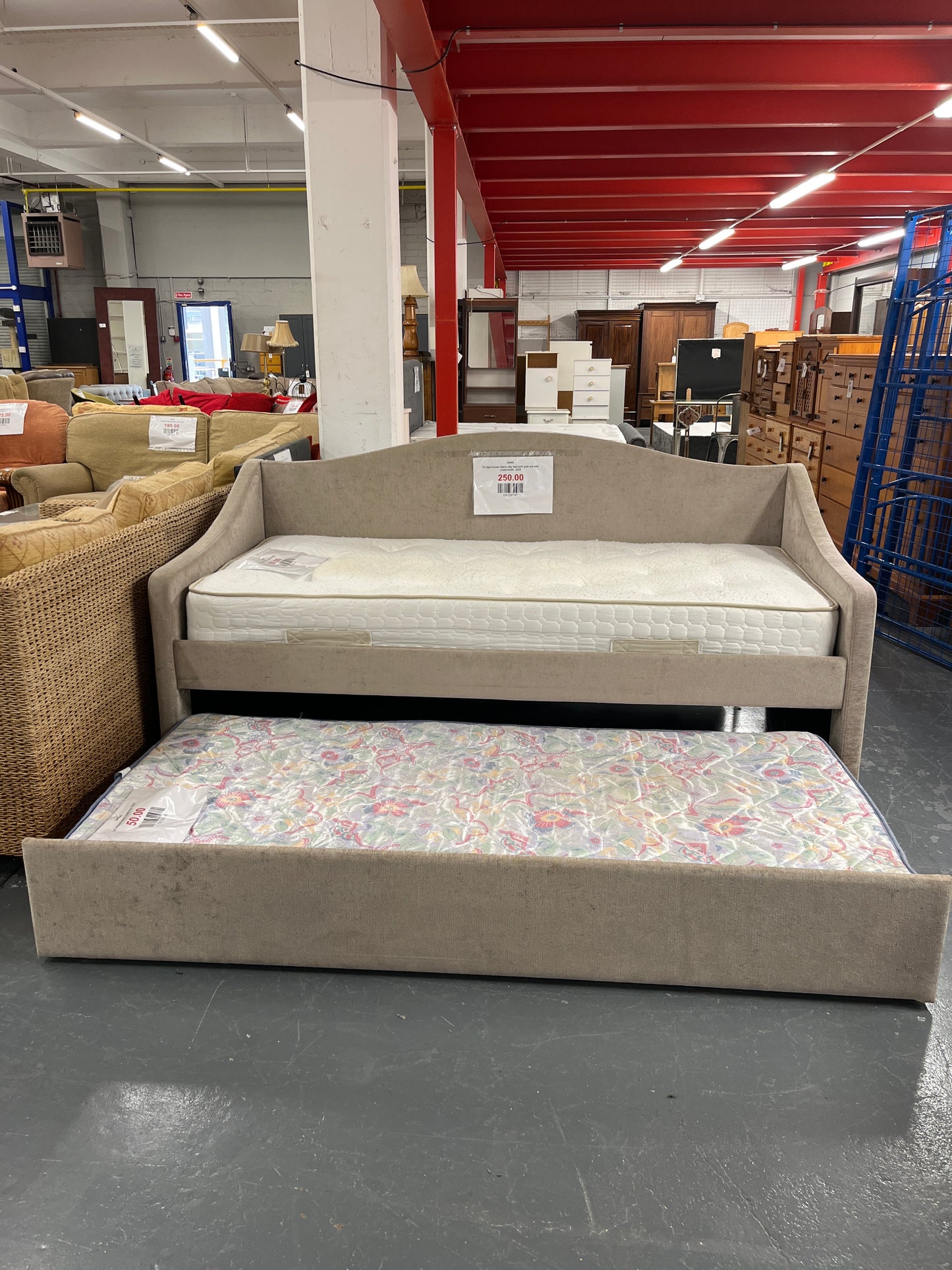 3ft light brown fabric day bed with pull out bed underneath  2225