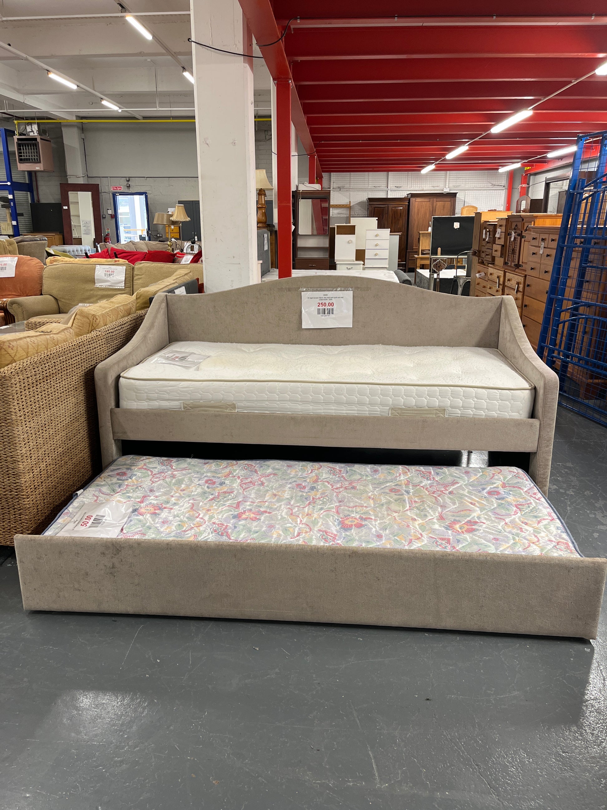 3ft light brown fabric day bed with pull out bed underneath  2225