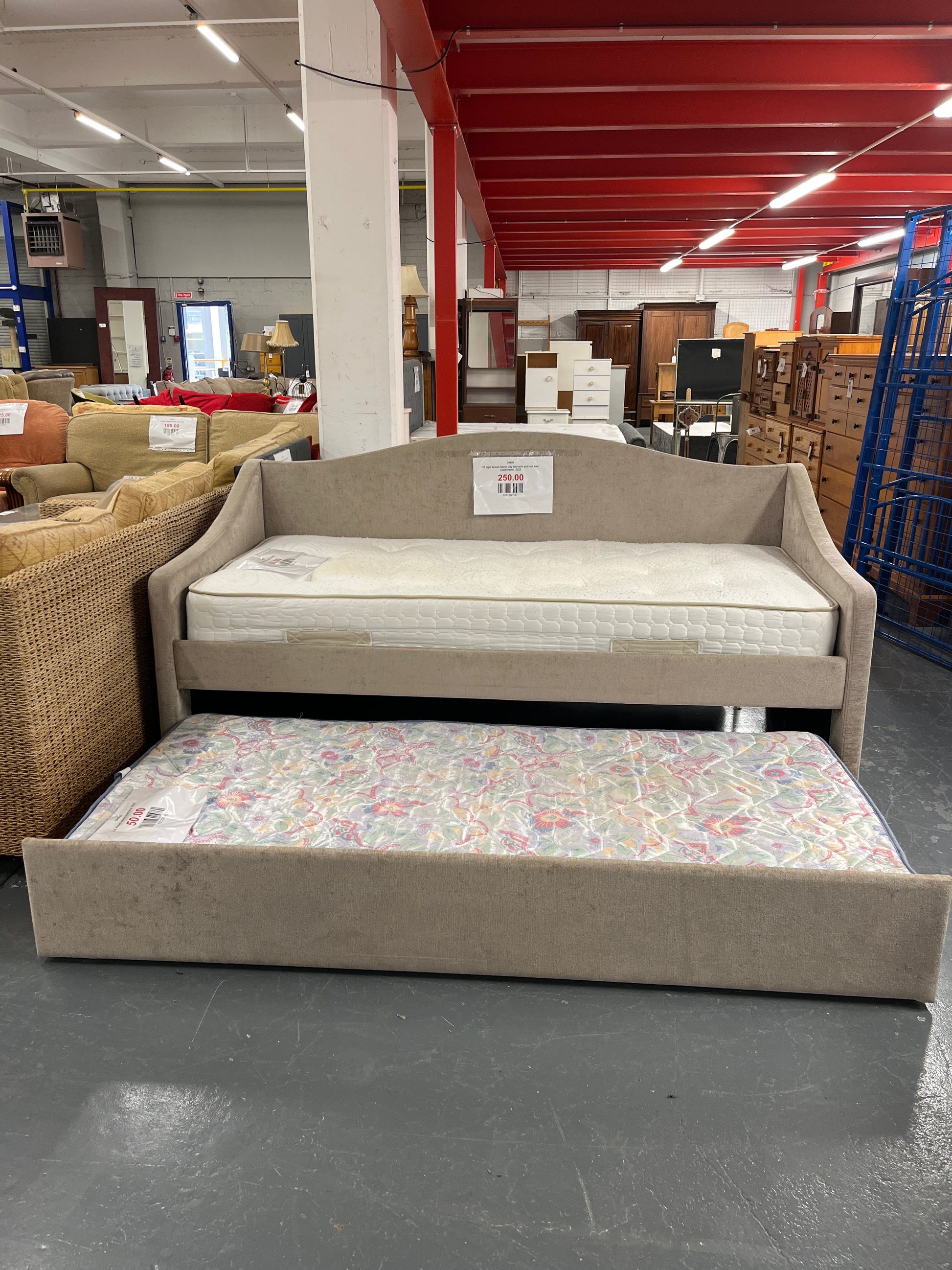 3ft light brown fabric day bed with pull out bed underneath  2225