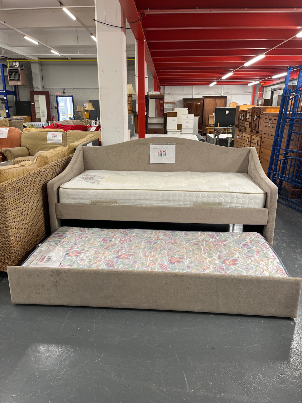 3ft light brown fabric day bed with pull out bed underneath  2225