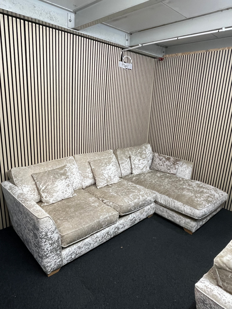 Large light cream crushed velvet fabric corner suite (in sections) with matching armchair 3325