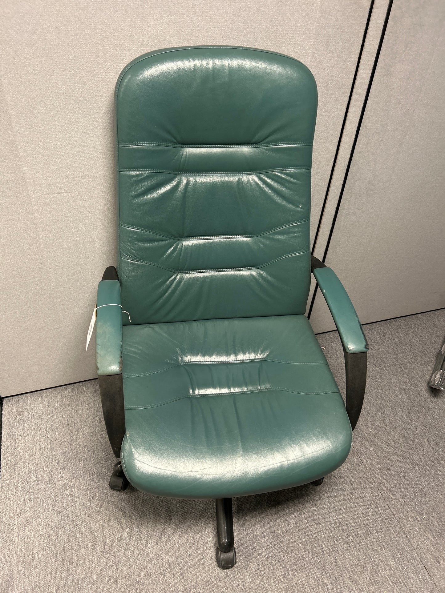 High back green leather swivel chair with arms