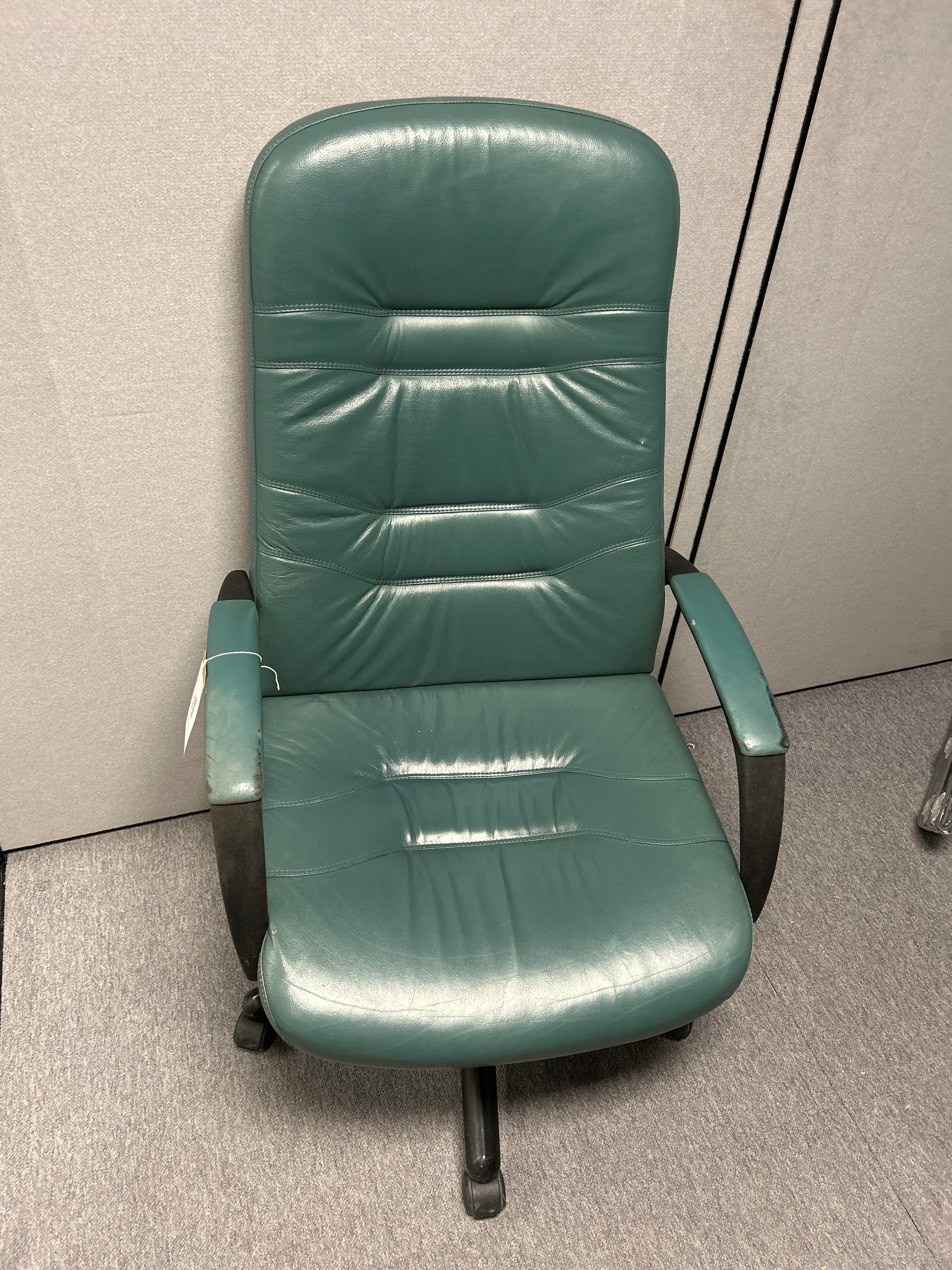 High back green leather swivel chair with arms