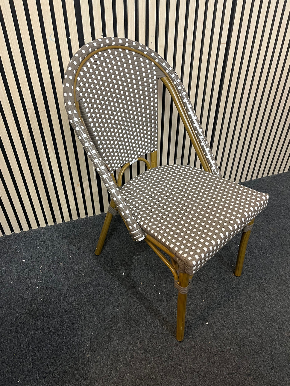 Rattan style outdoor brown and cream stacking chair 1126