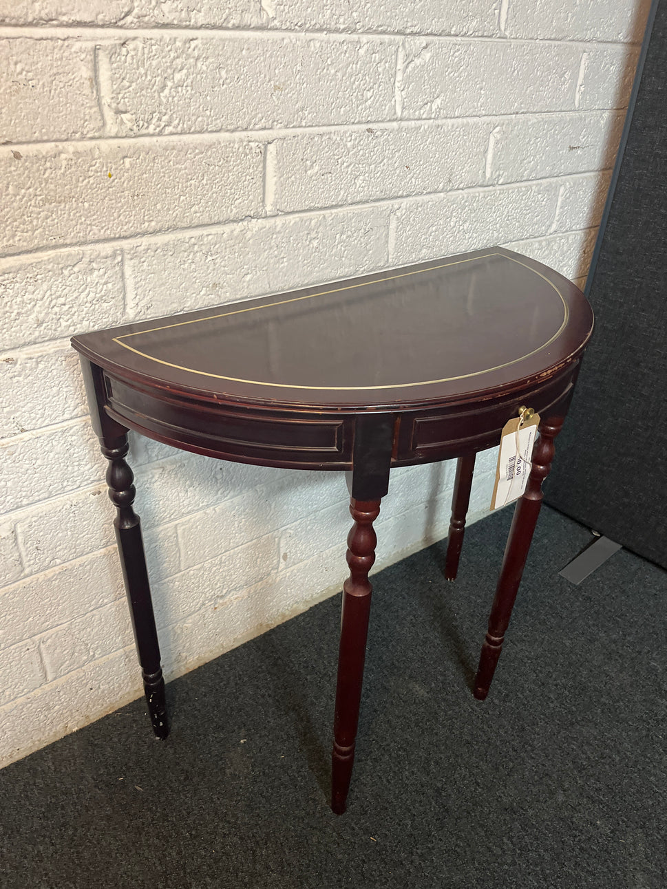 Mahogany brass inlaid half moon ornate hall table with drawer 750Wx380D 2225