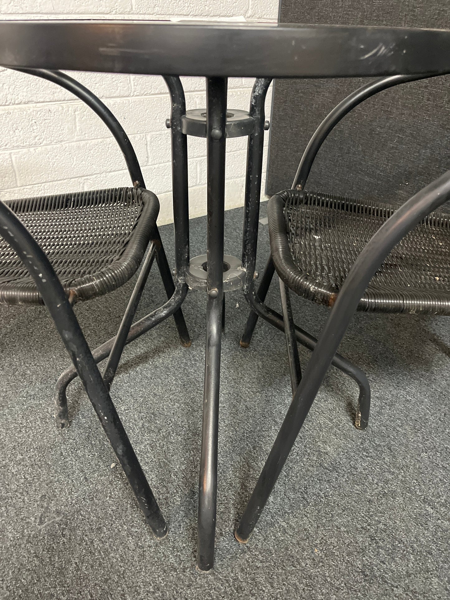Outdoor small metal and glass table with 2 no. matching chairs 2225