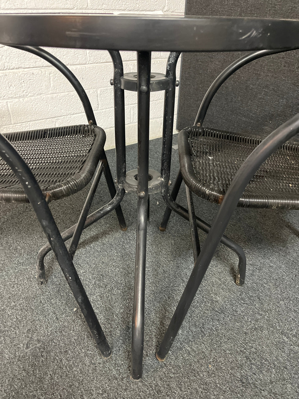Outdoor small metal and glass table with 2 no. matching chairs 2225