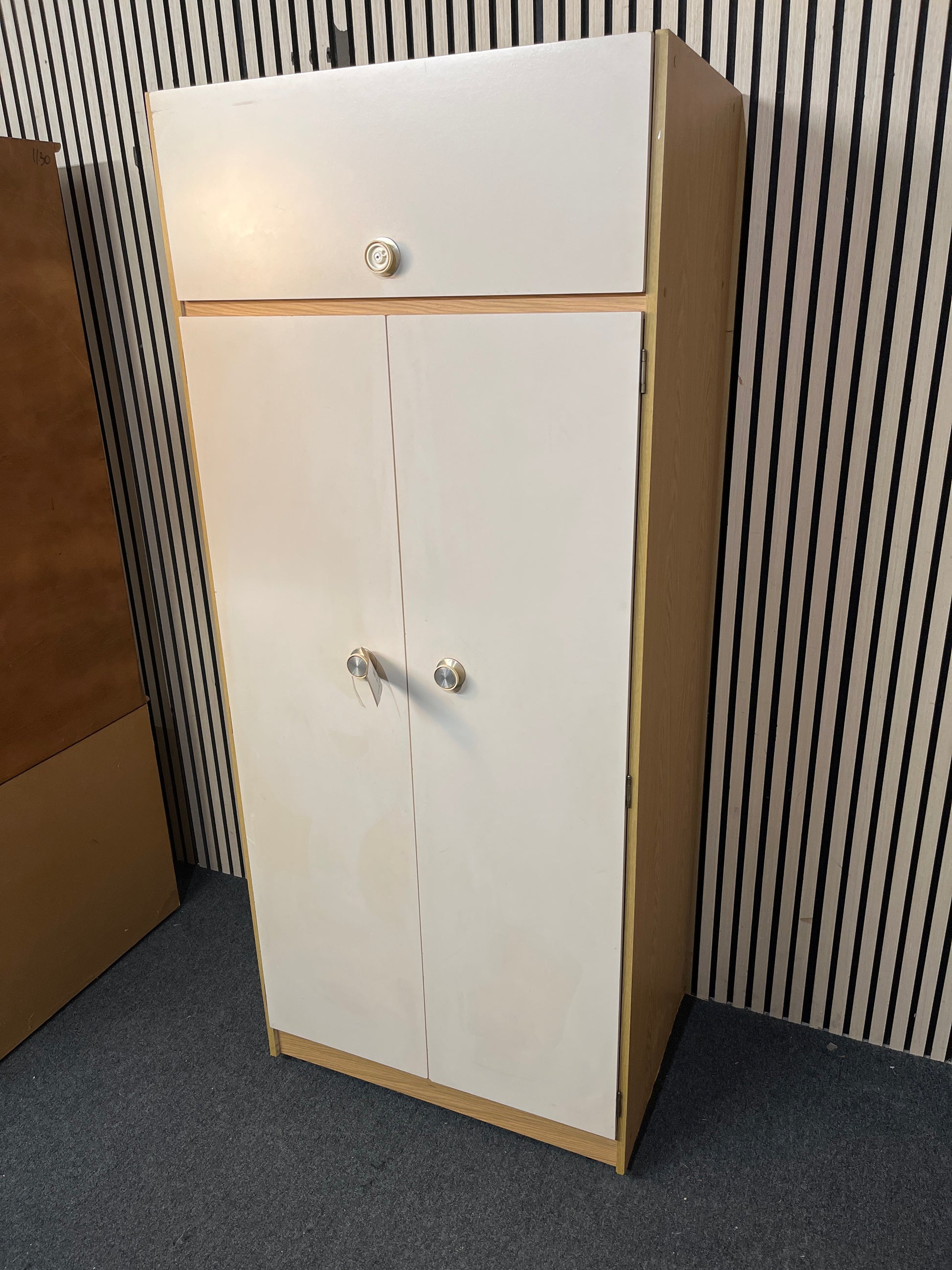 Cream and oak laminate 2 door 1 drawer wardrobe (H 181 x W 76 x D 53 cm) 3126