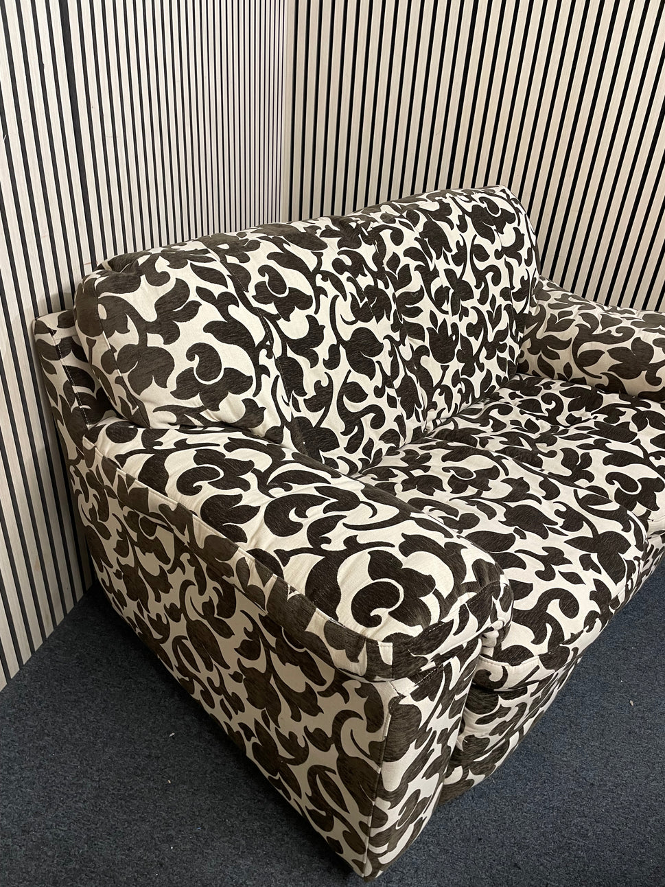 2 seater brown and cream floral fabric sofa (Width 160 cm) with matching armchair and ottomons  4225