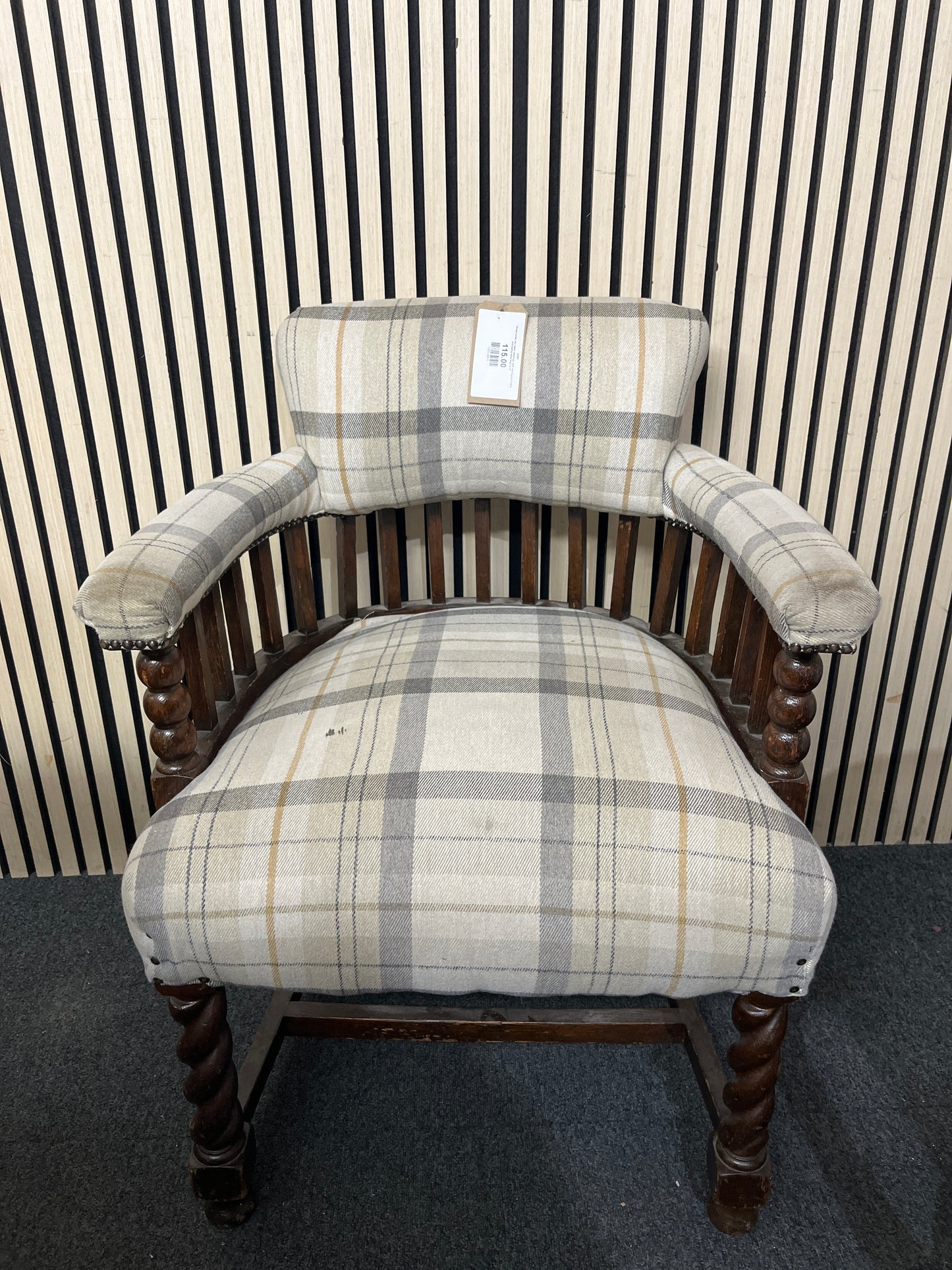 Ornate brown mix fabric armchair with mahogany frame and barley twist legs 3126