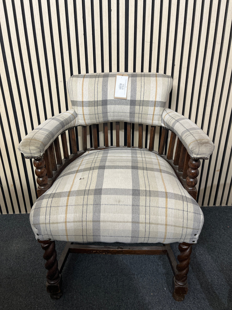 Ornate brown mix fabric armchair with mahogany frame and barley twist legs 3126