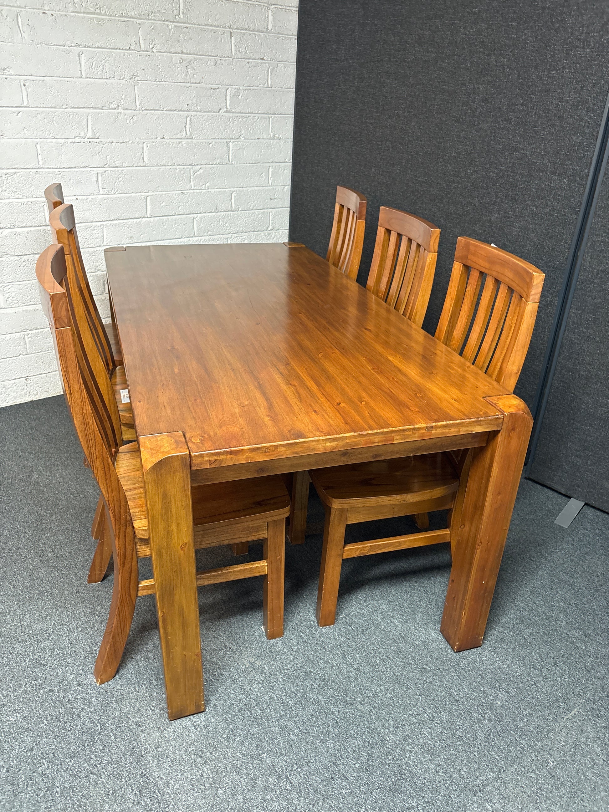 Solid teak hardwood dining table with 6 no. solid wood chairs 1800Lx900W 2225
