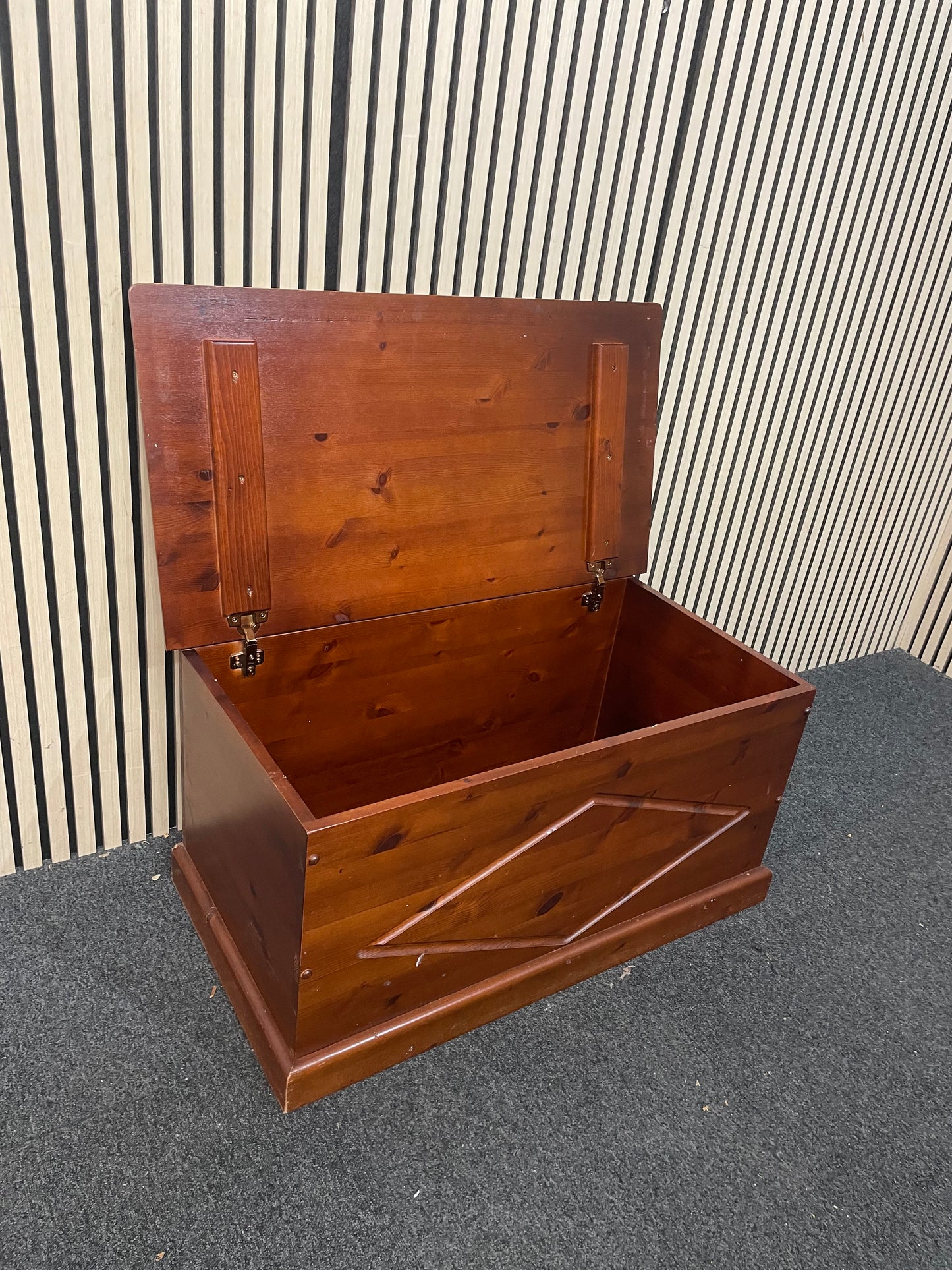 Solid pine, dark wood stained, top open blanket box  1126