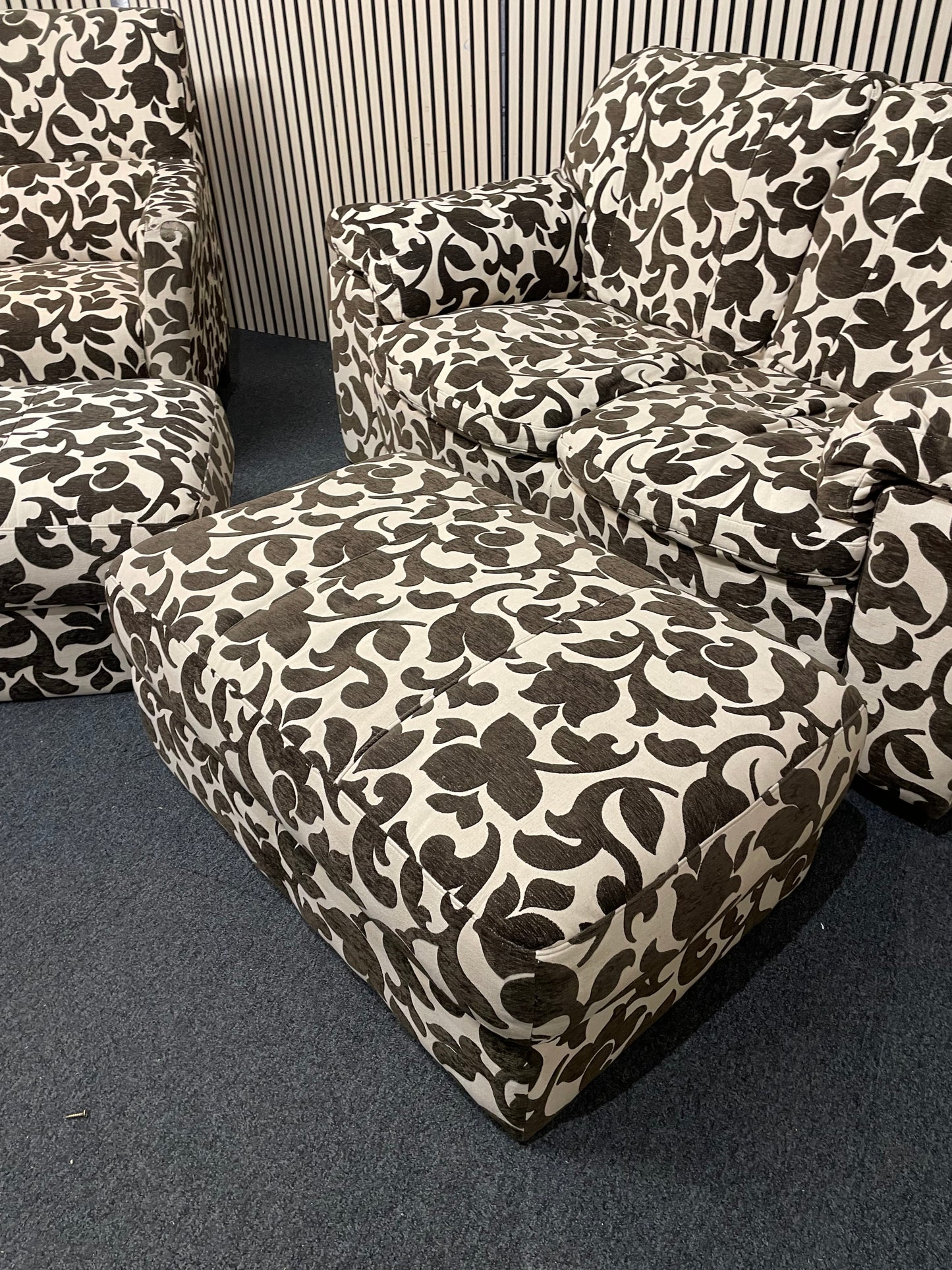2 seater brown and cream floral fabric sofa (Width 160 cm) with matching armchair and ottomons  4225