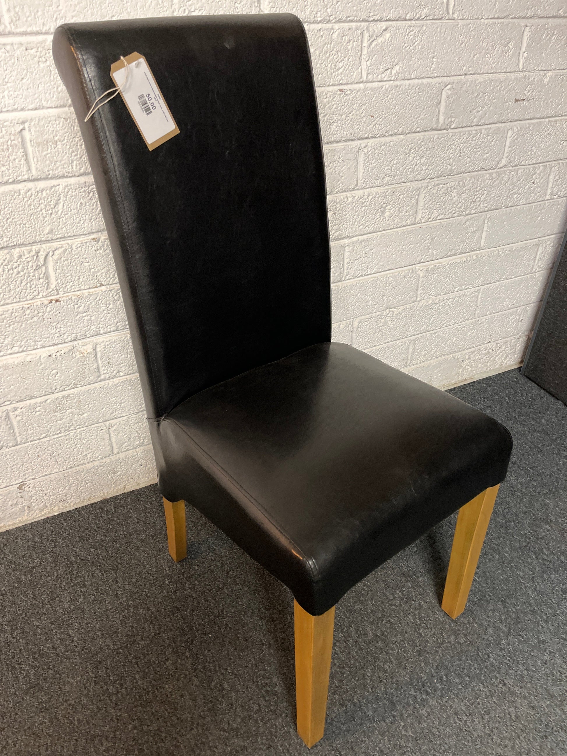 High back brown leatherette dining chair, solid oak legs  2225