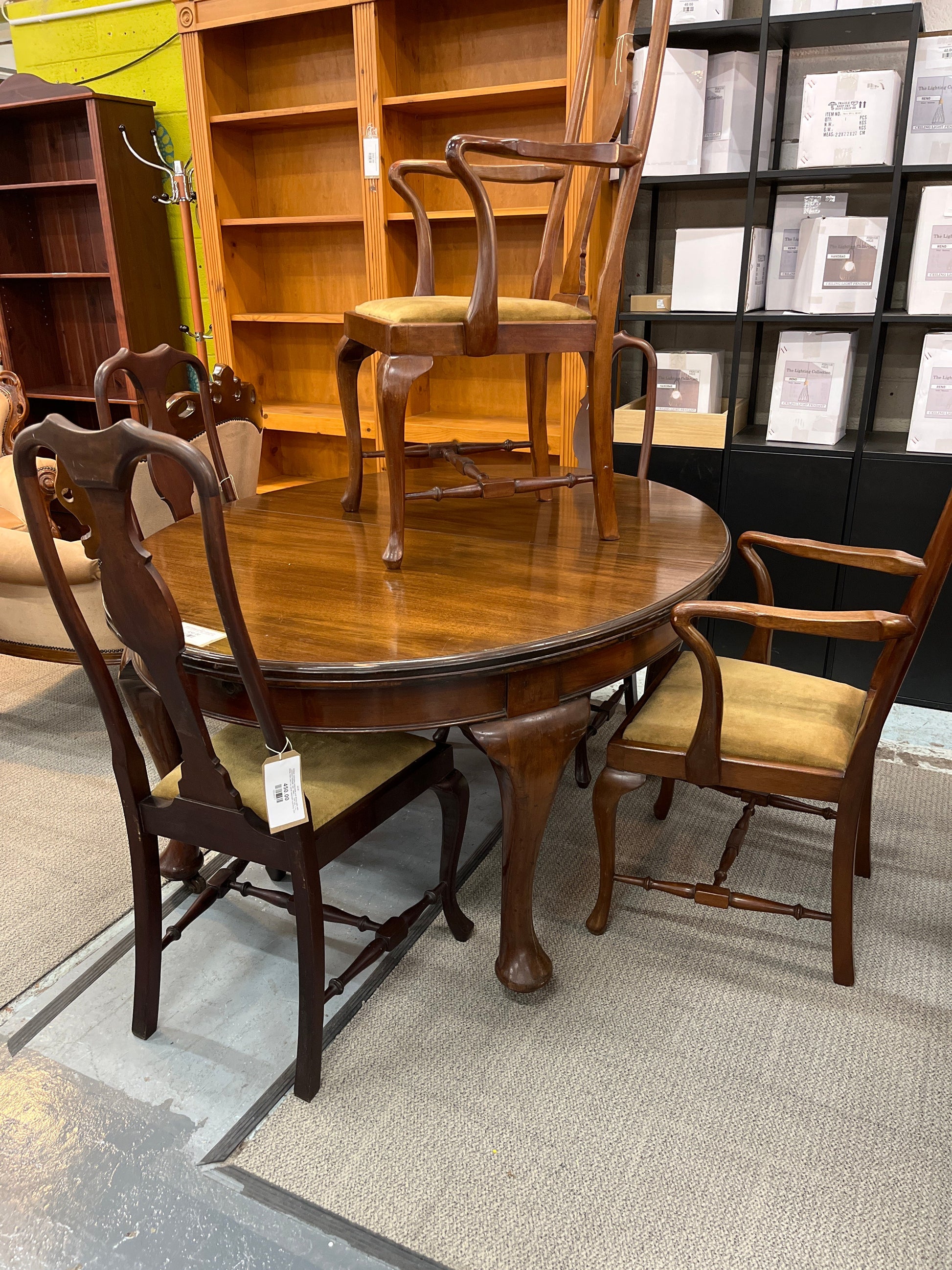 Antique mahogany extendable oval dining table with extension leaves(W 1500 - 2400 x L 1200 mm), 2 no. dining chairs and 2 no. carver armchairs matching 1225