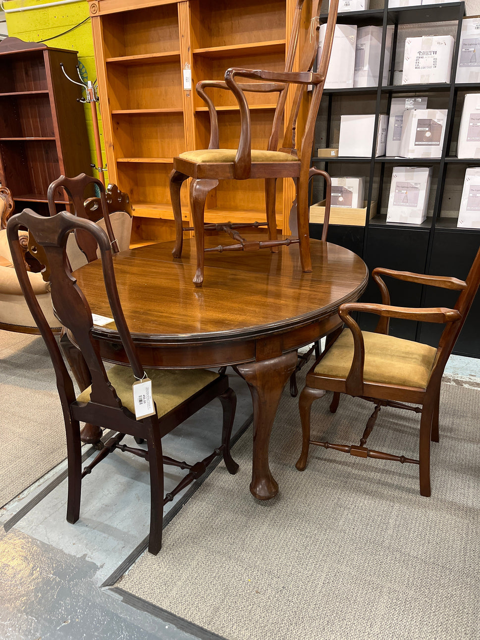Antique mahogany extendable oval dining table with extension leaves(W 1500 - 2400 x L 1200 mm), 2 no. dining chairs and 2 no. carver armchairs matching 1225