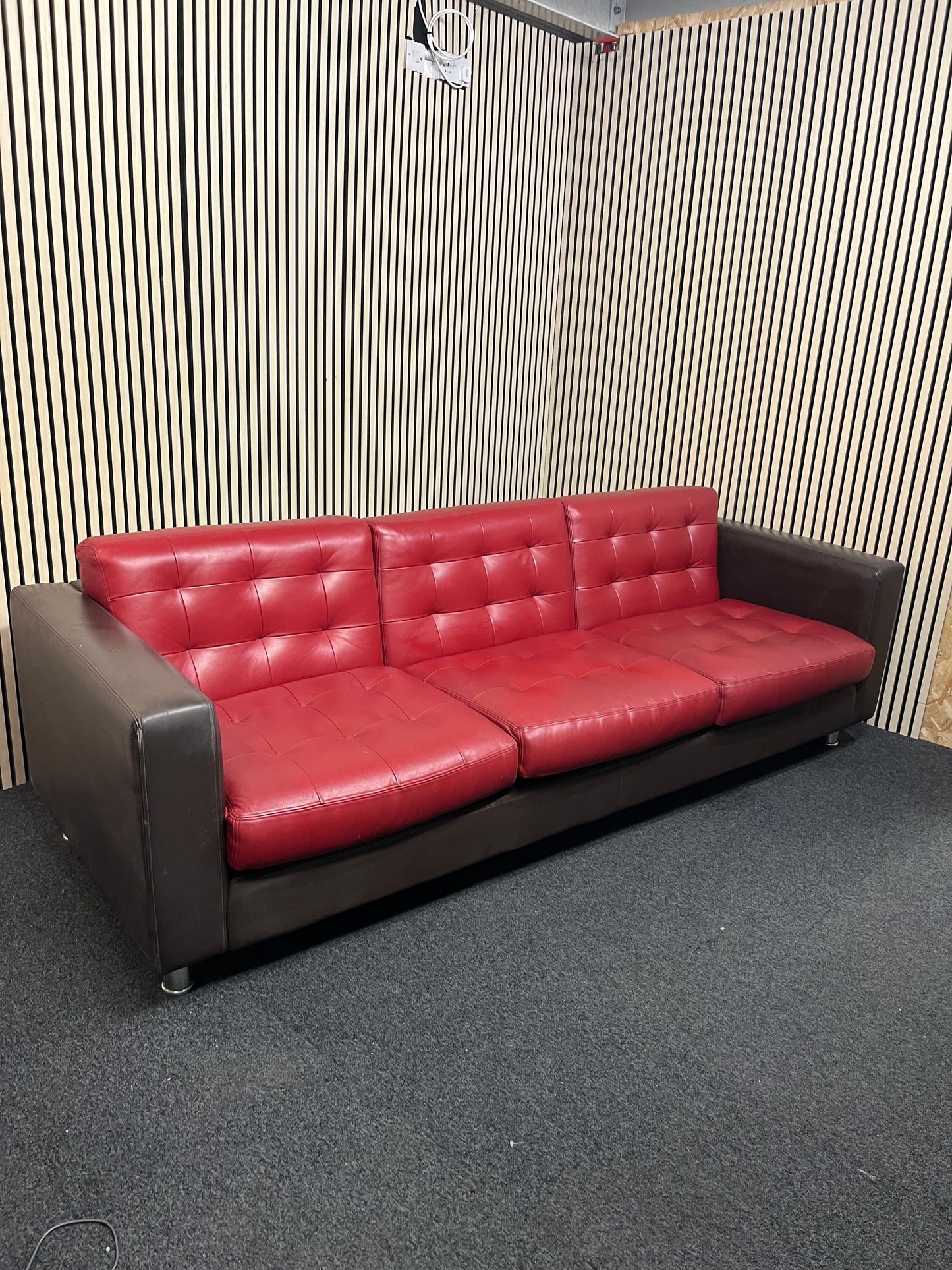 Real brown leather framed large 3 seater with wine leather button back cushions (230 cm wide) EX WINDMILL LANE  3325