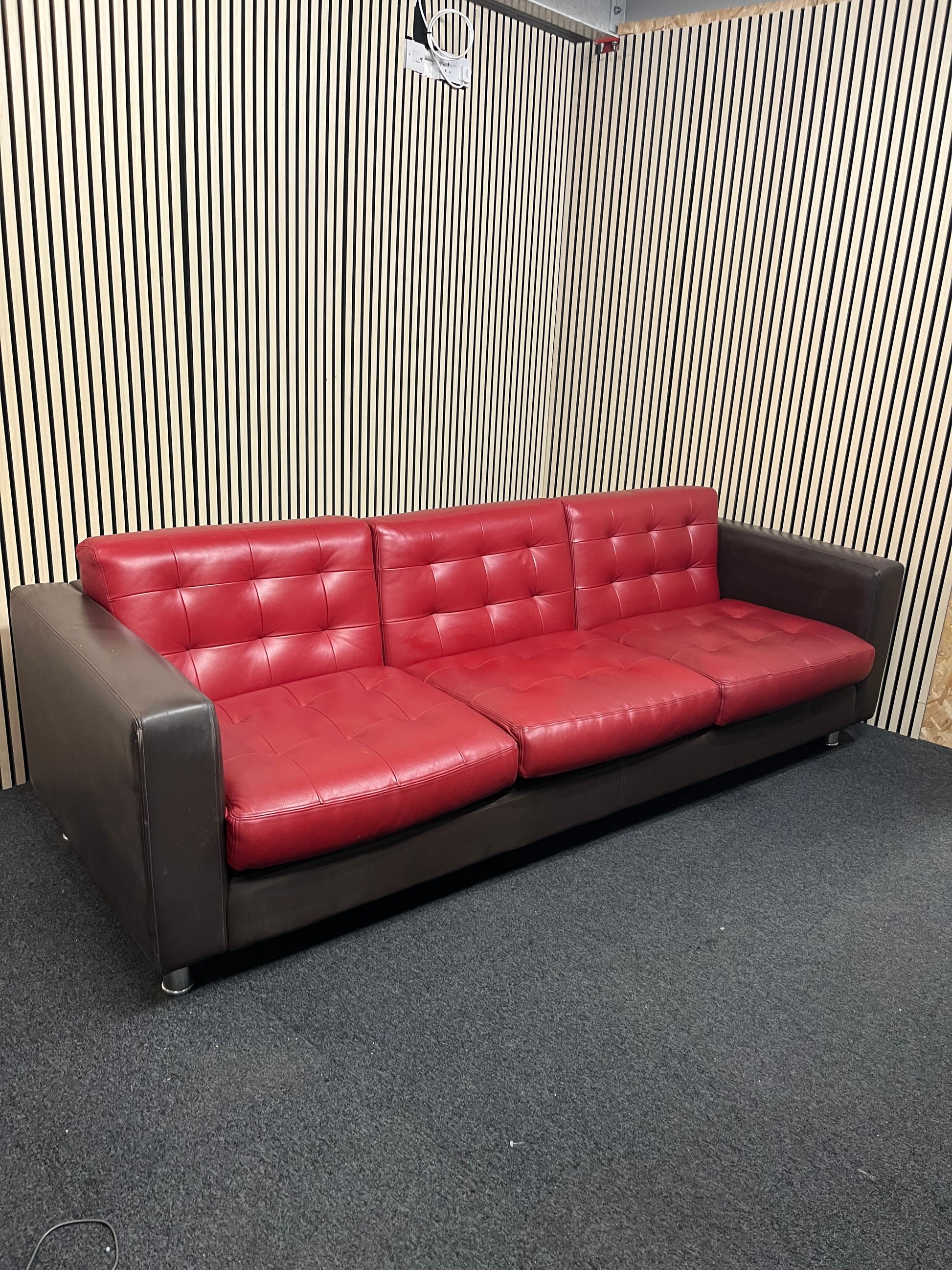 Real brown leather framed large 3 seater with wine leather button back cushions (230 cm wide) EX WINDMILL LANE  3325
