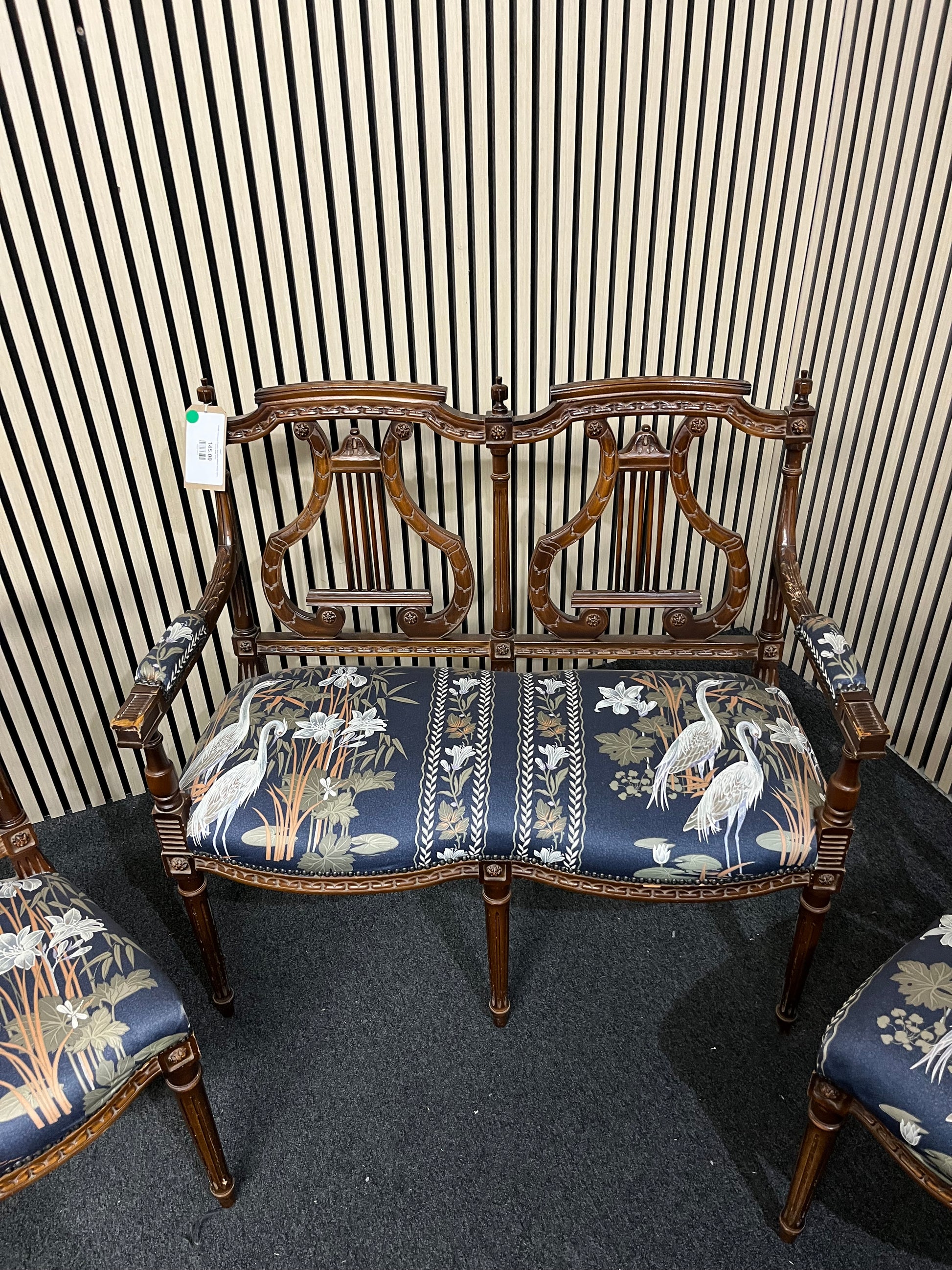 Ornate mahogany framed, blue bird tapesty design fabric 2+1+1 suite 2325