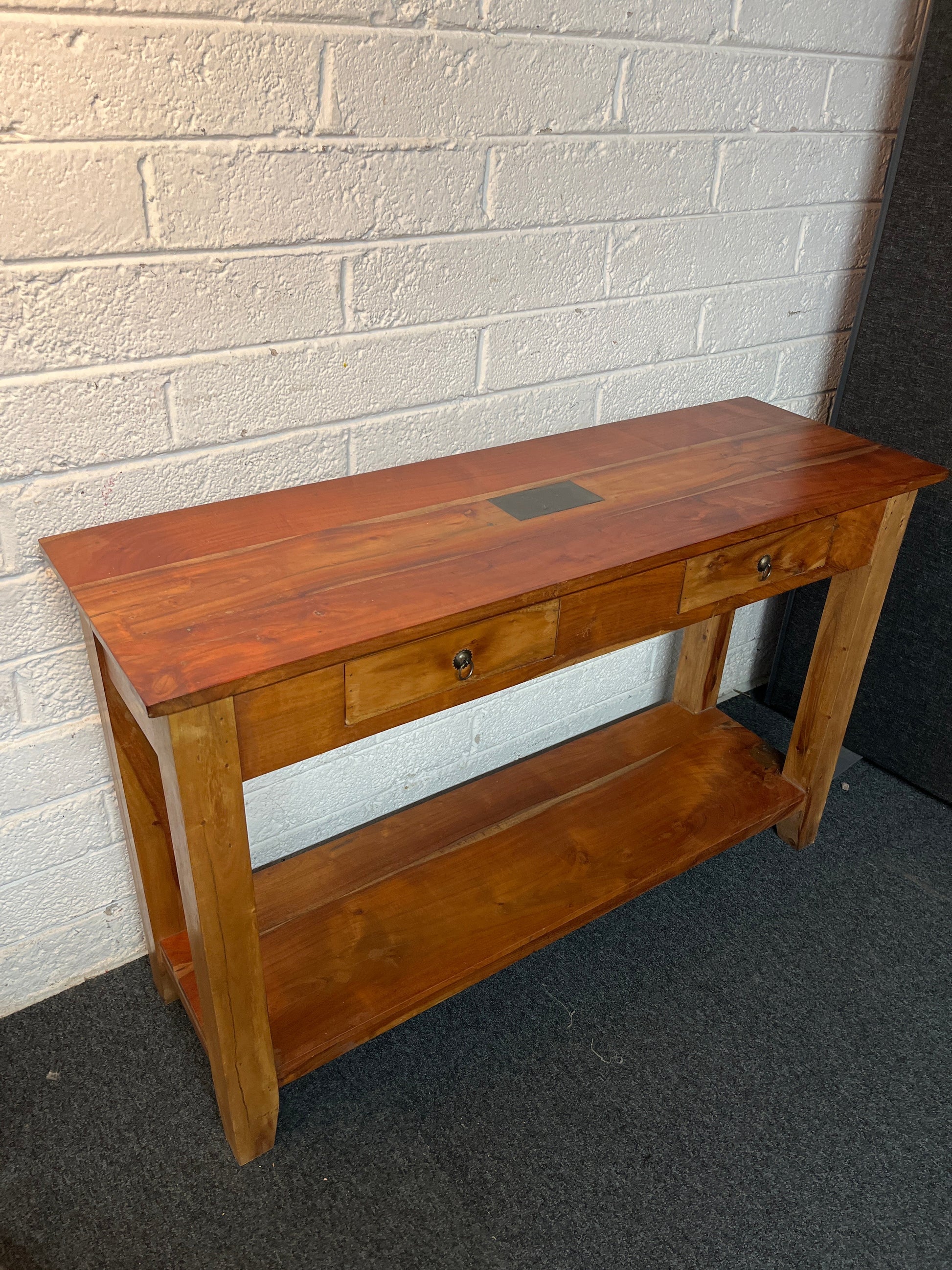 Large solid wood teak stained 2 drawer slim console table (H 77 x W 120 x D 40 cm) 2225