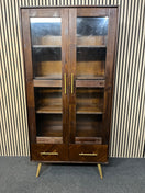 Dark wood cabinet with glass doors and herringbone patterned drawers (H 186 x W 90 x D 42 cm)  44573