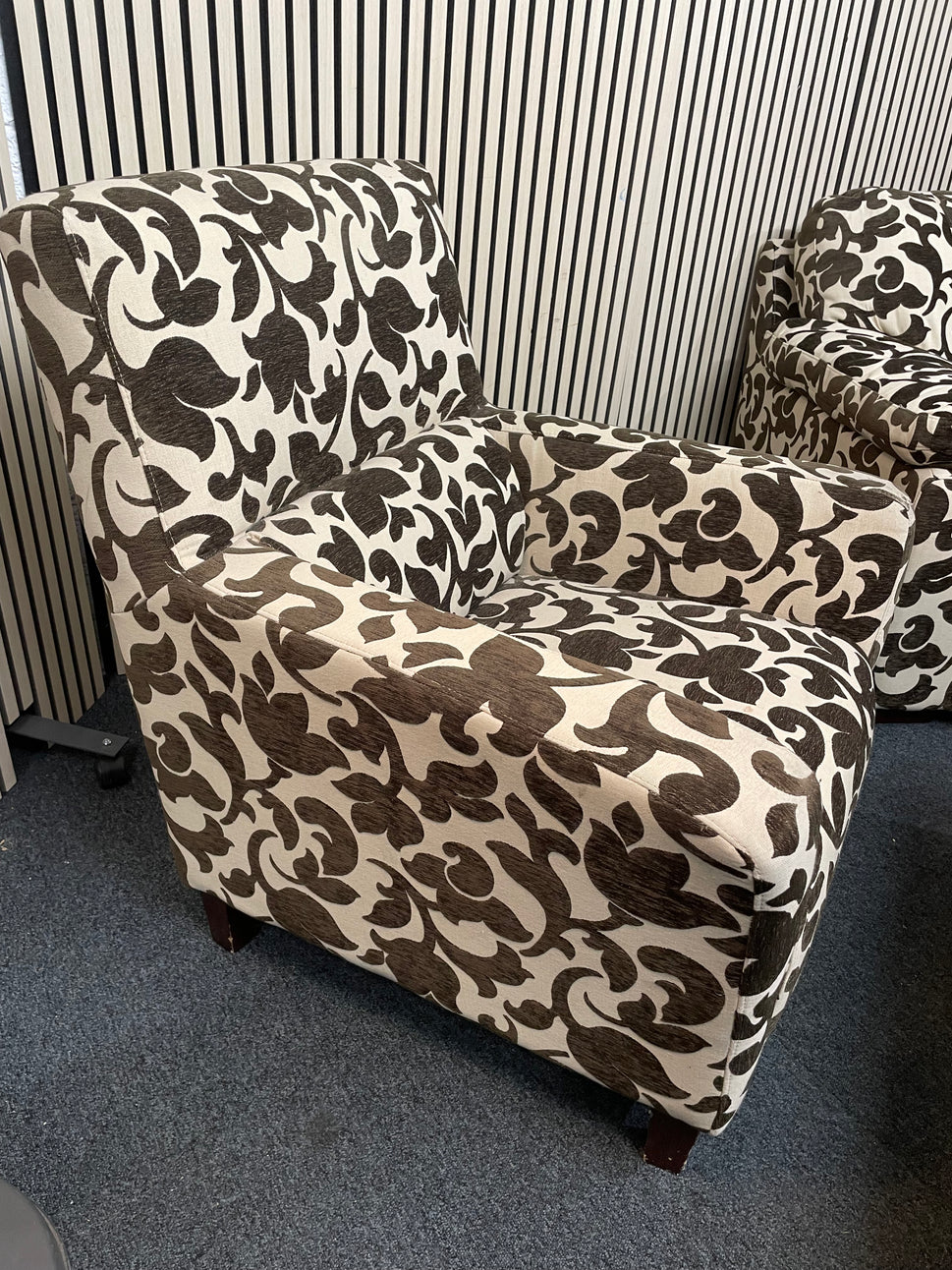2 seater brown and cream floral fabric sofa (Width 160 cm) with matching armchair and ottomons  4225