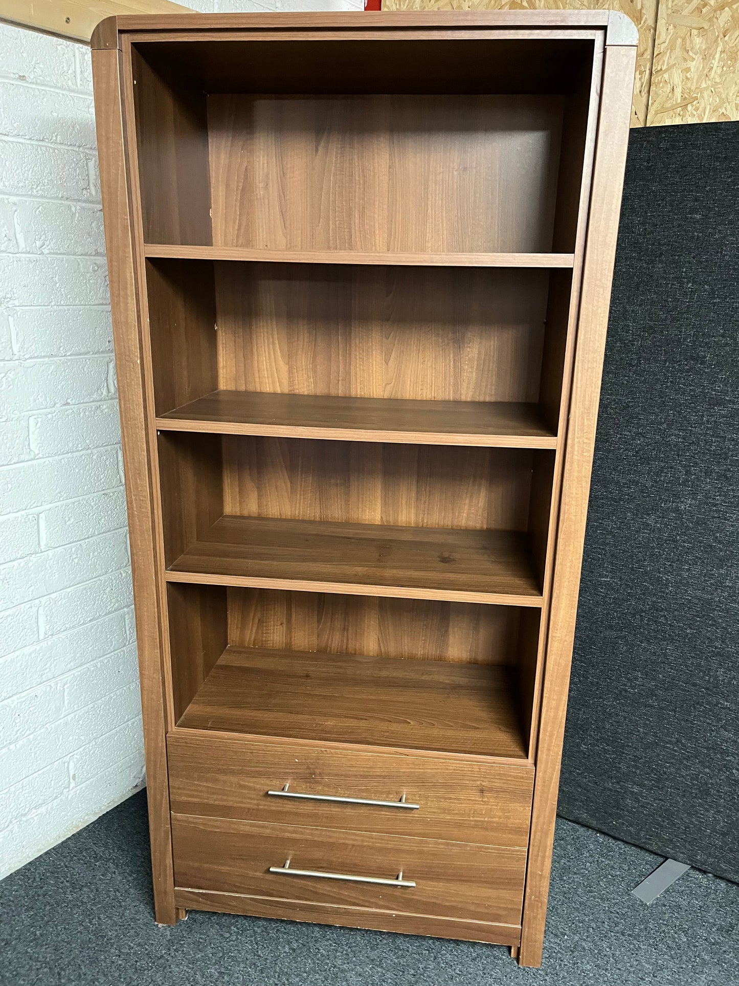 Large walnut display unit with 4 shelves and 2 drawers (H 1910 x W 900 x D 410 mm) 1225