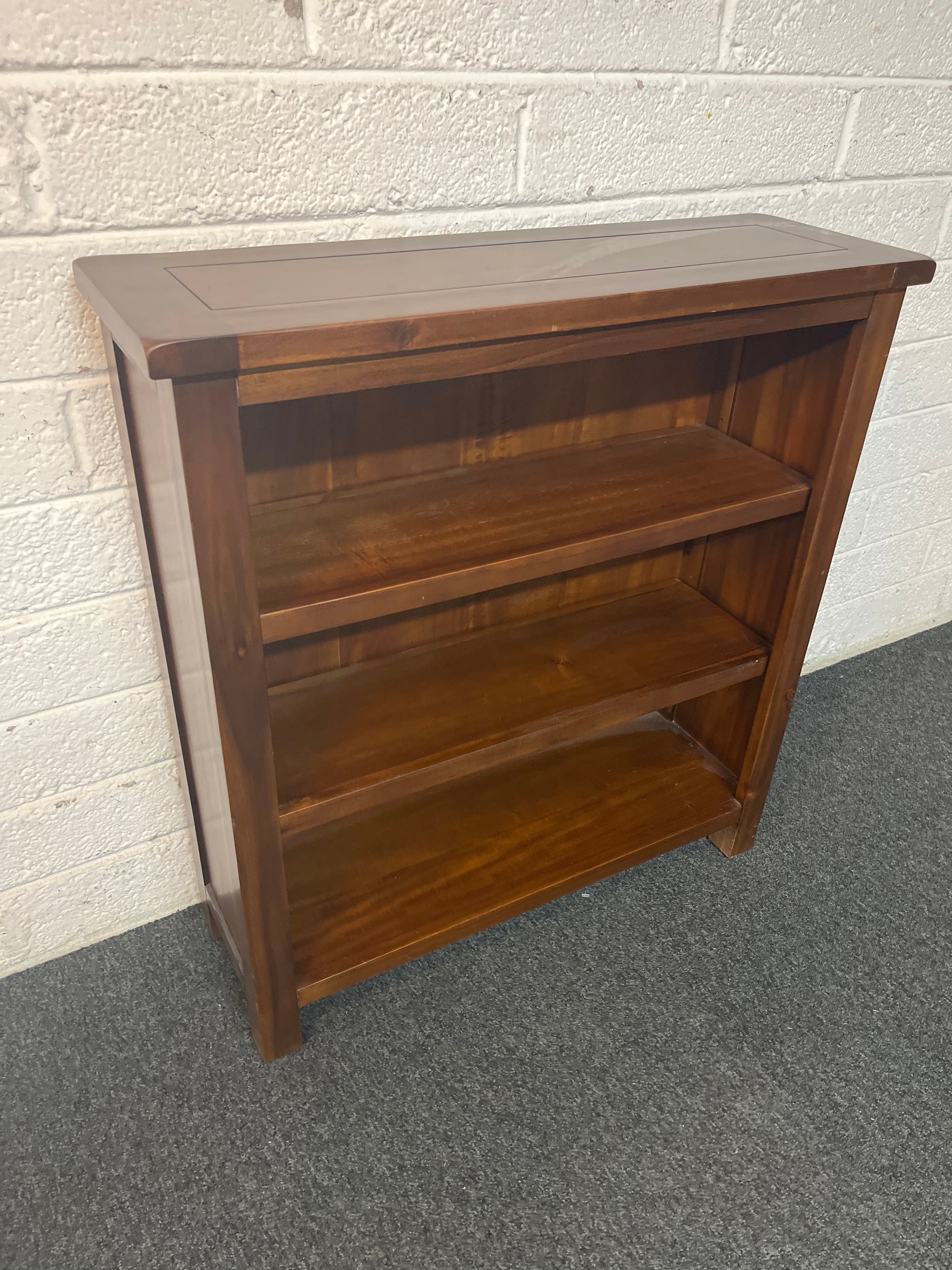 Low solid dark wood stained open bookcase (H 80 x W 75 x D 25 cm) 1325
