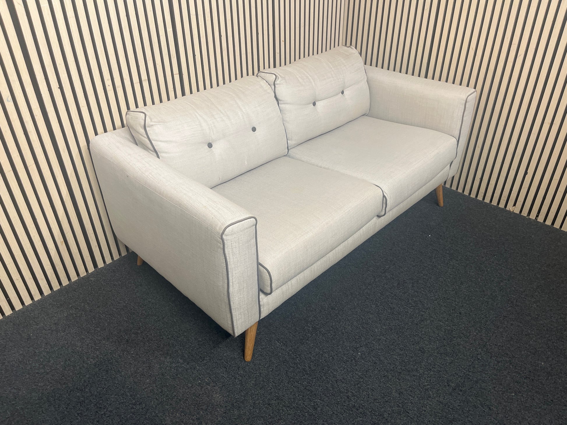 2 seater beige fabric sofa with button details, solid wood frame 44014
