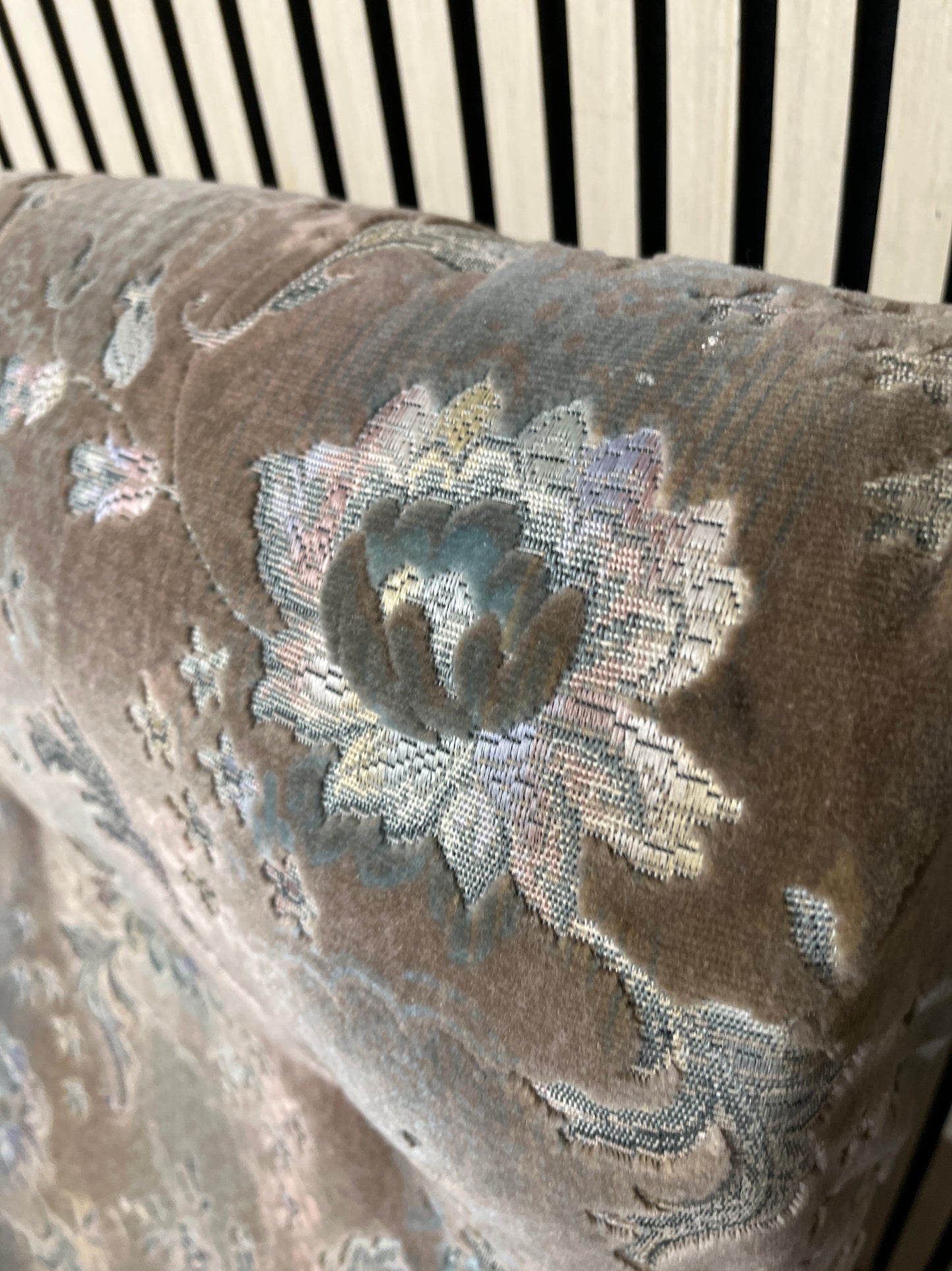 Low Fireside fabric chair with fabric and dark wood arms 2425