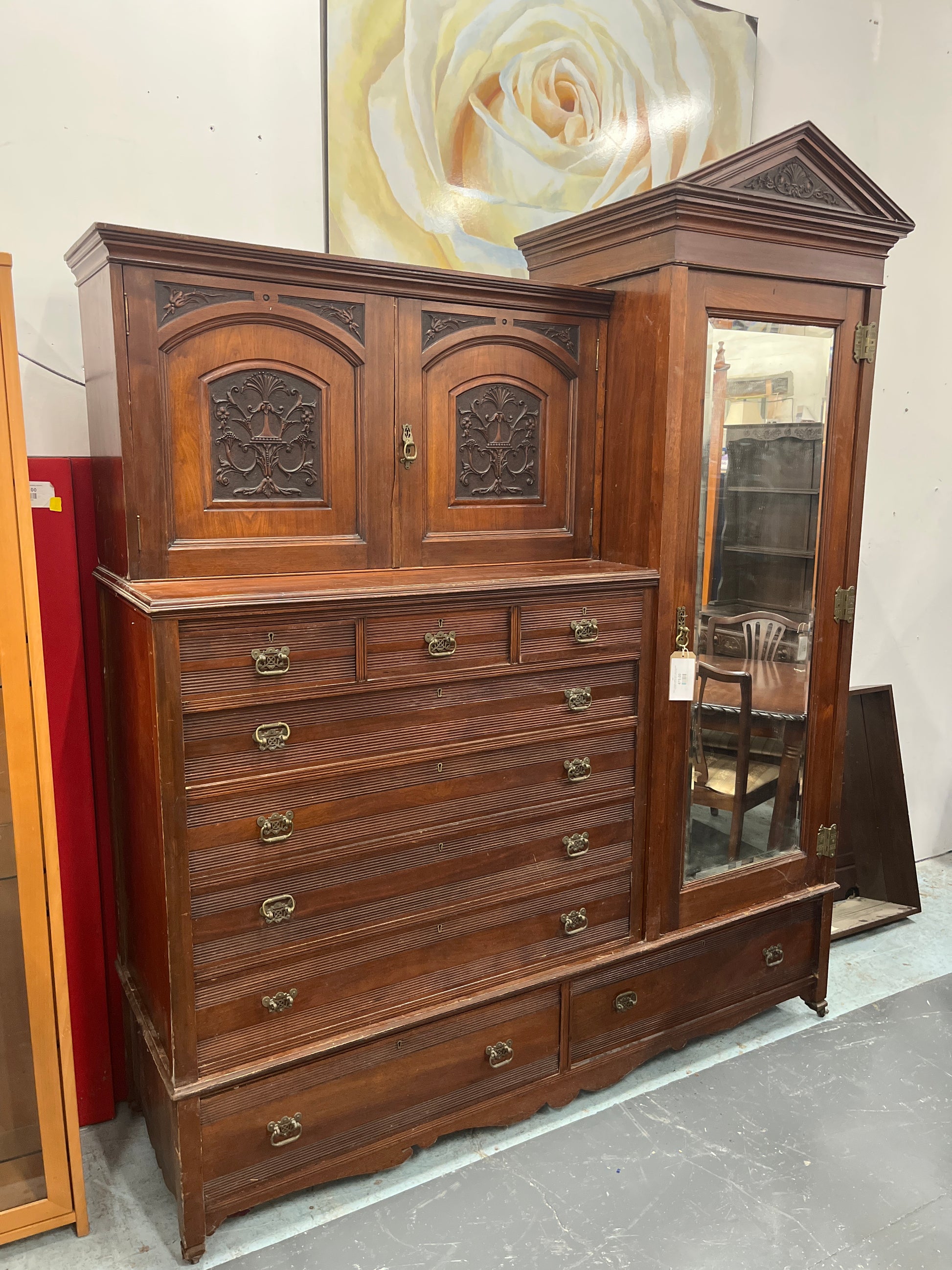 Ornate mahogany 9 drawer 2 door 1 glass door priest wardrobe (H 234 x W 192 x D 61 cm) 1325