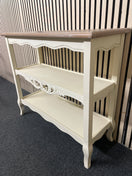 Shabby chic side table with wood top and carved details.  44516