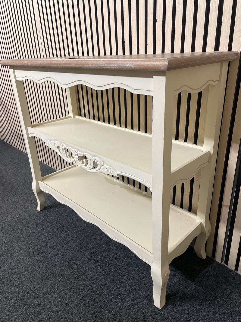 Shabby chic side table with wood top and carved details.  44516