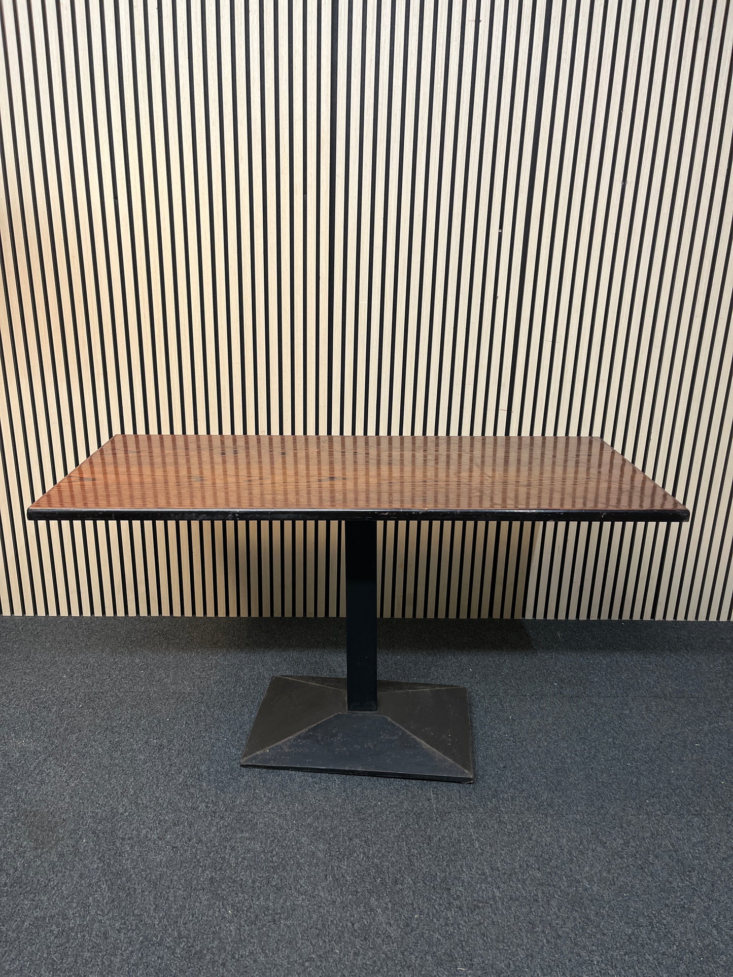 Rectangular low dark wood stained bar tables with powder coated black metal central column base 77Hx138Wx61D 1425