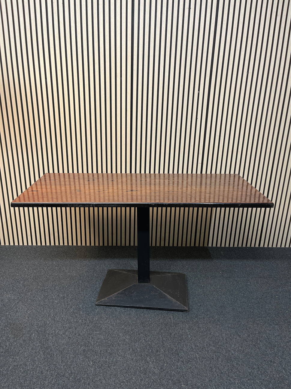 Rectangular low dark wood stained bar tables with powder coated black metal central column base 77Hx138Wx61D 1425