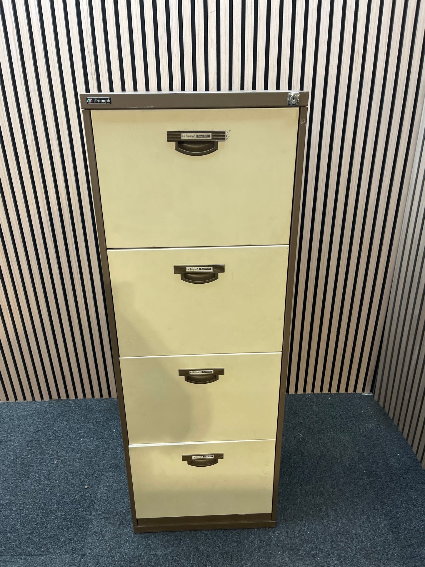 Coffee and cream metal Triumph 4 drawer filing cabinet with key