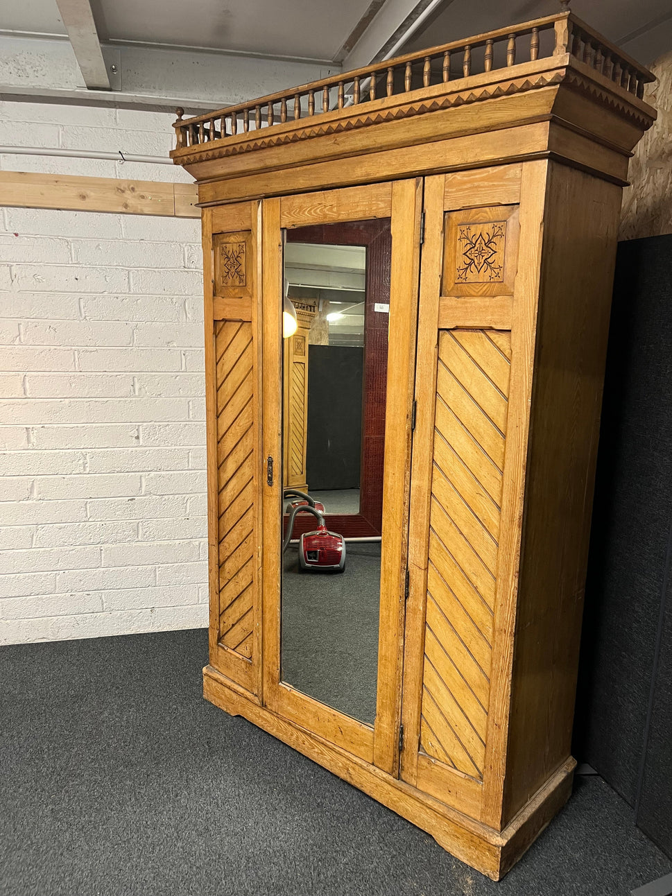 Large solid Victorian Ash antique wardrobe with central mirror -handmade in Ireland (H 2250 x W 1480 x D 560 mm) 1225