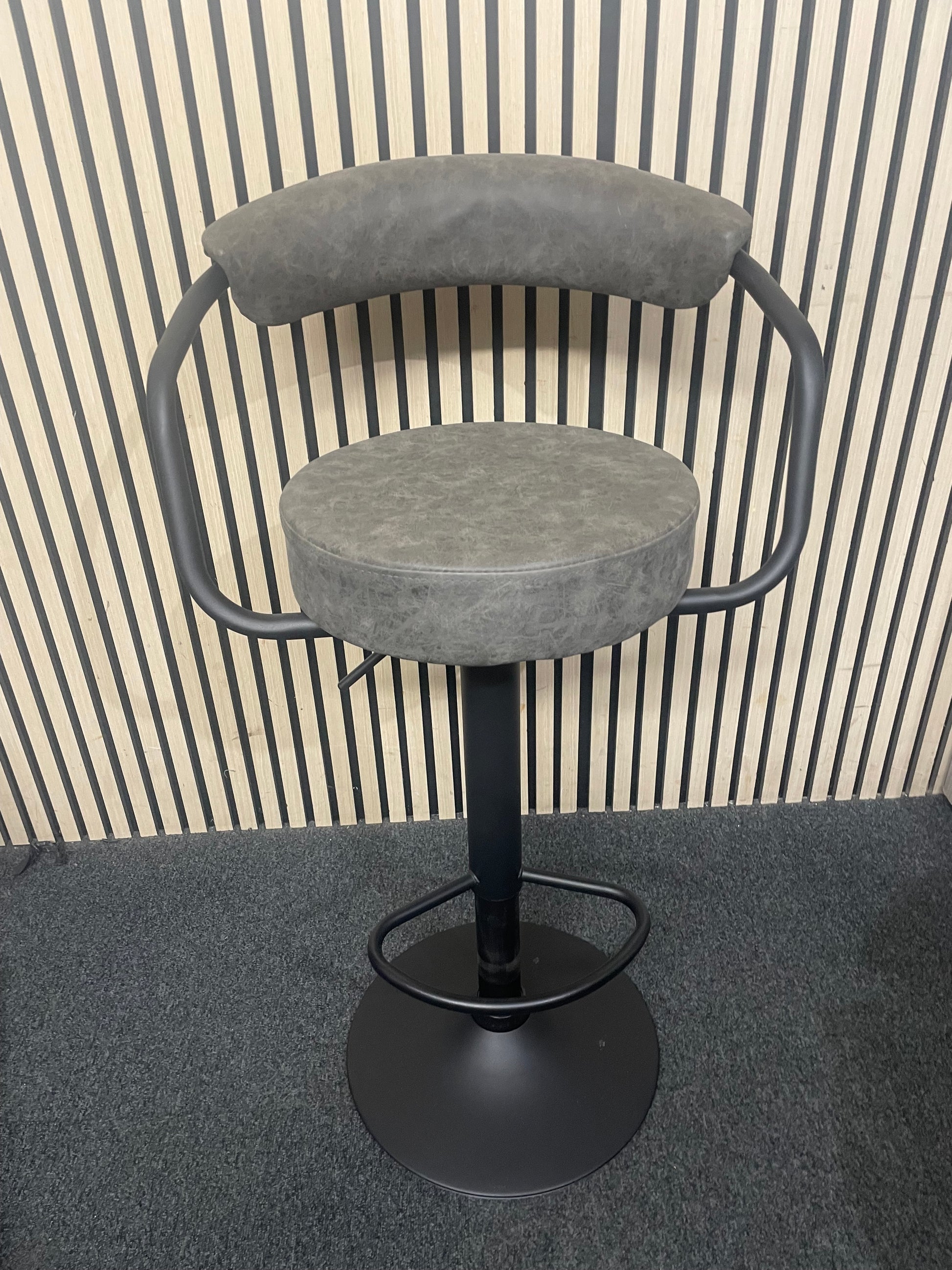 Black metal framed height adjustable swivel bar stool with back in grey fabric  44063