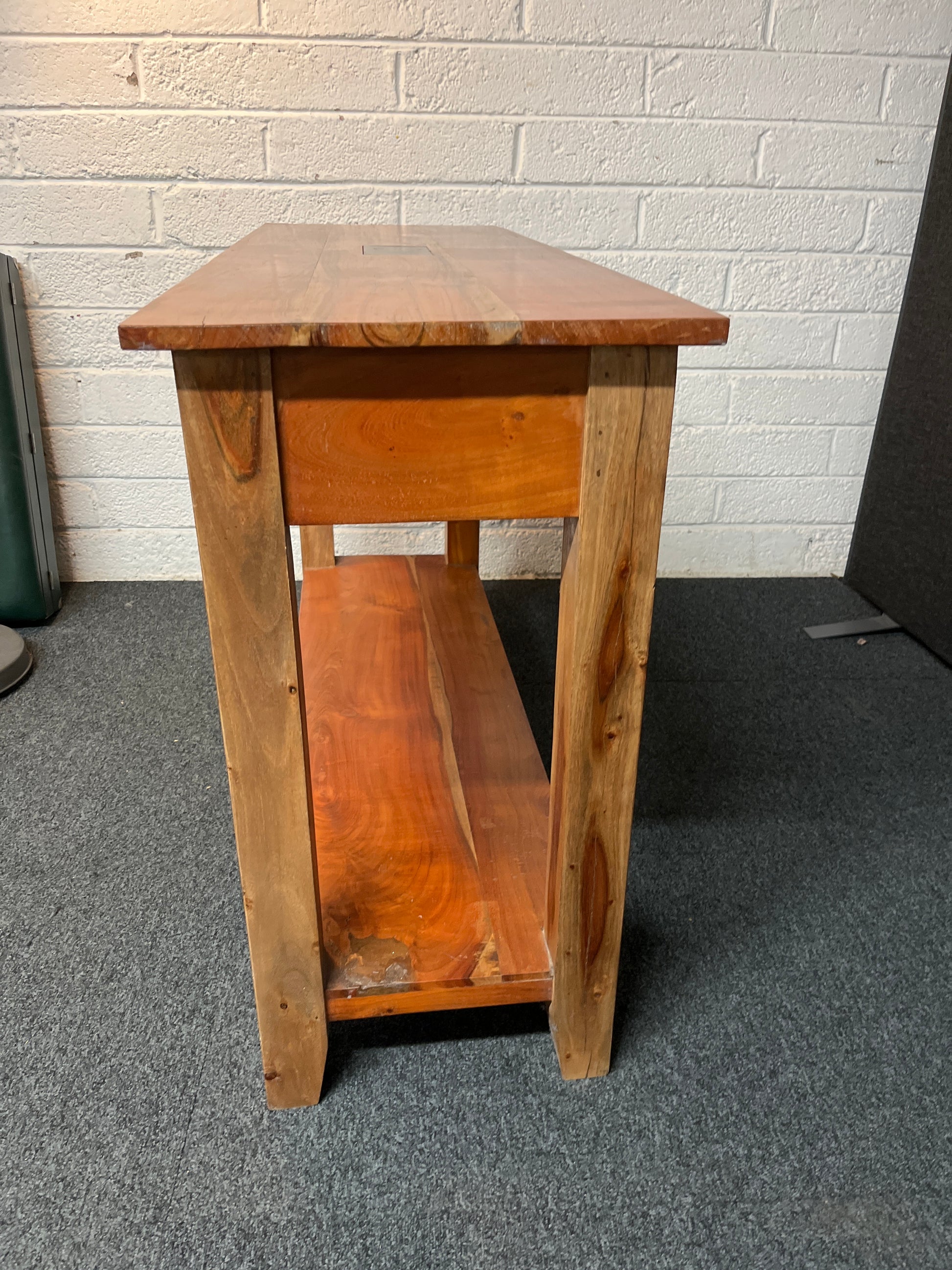 Large solid wood teak stained 2 drawer slim console table (H 77 x W 120 x D 40 cm) 2225