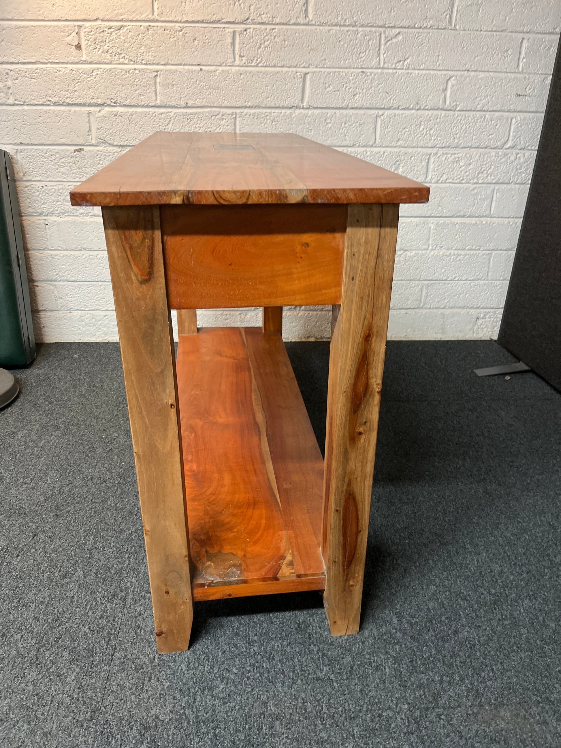 Large solid wood teak stained 2 drawer slim console table (H 77 x W 120 x D 40 cm) 2225
