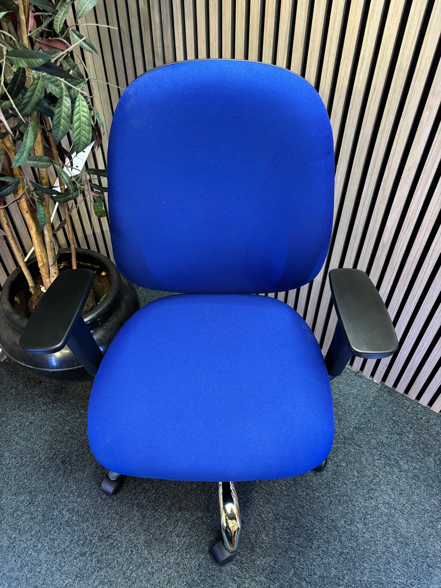 Jota high back ergonomic swivel chair with height adjustable arms and polished chome base in BLUE fabric. Price inc VAT