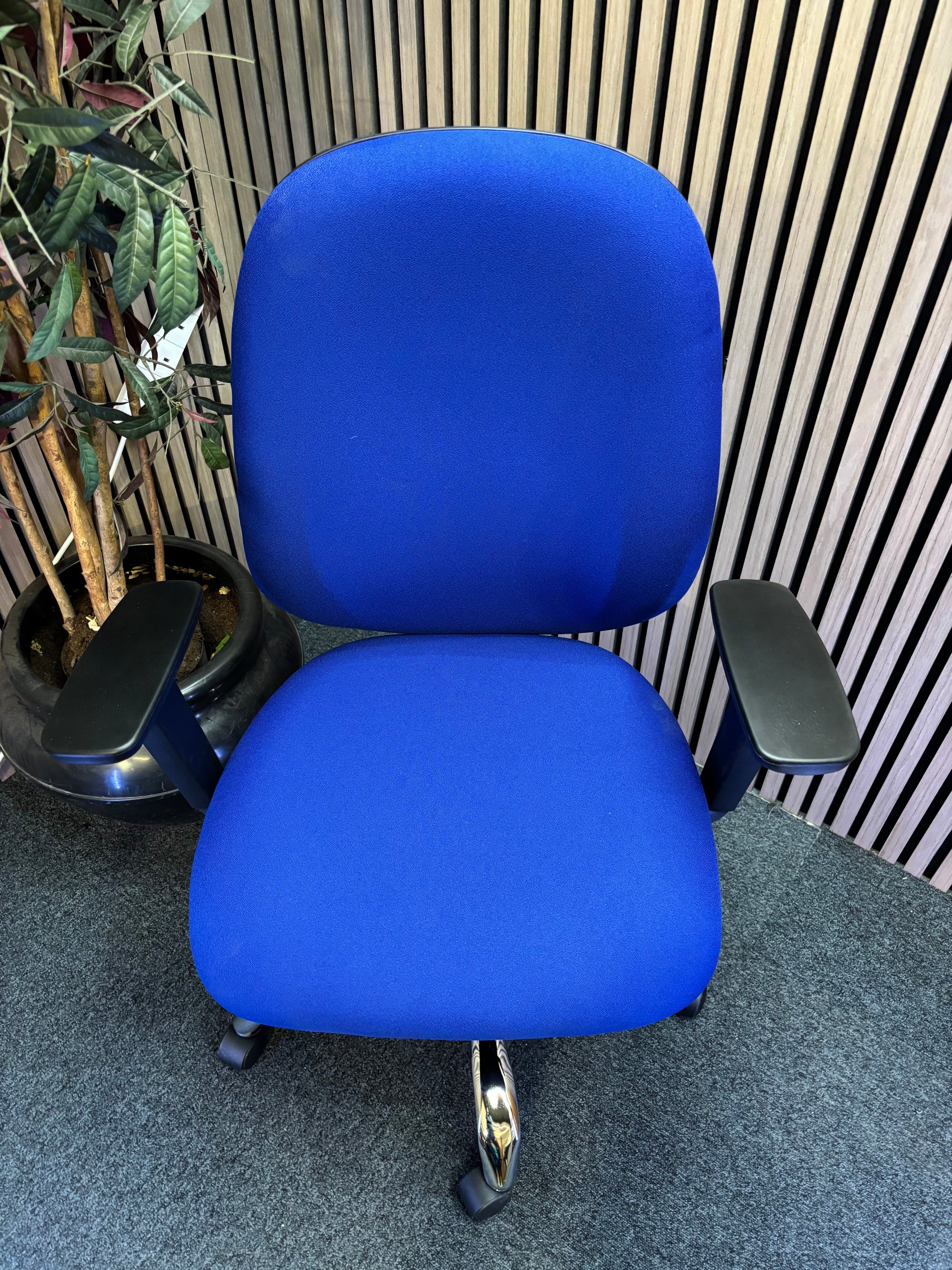 Jota high back ergonomic swivel chair with height adjustable arms and polished chome base in BLUE fabric. Price inc VAT
