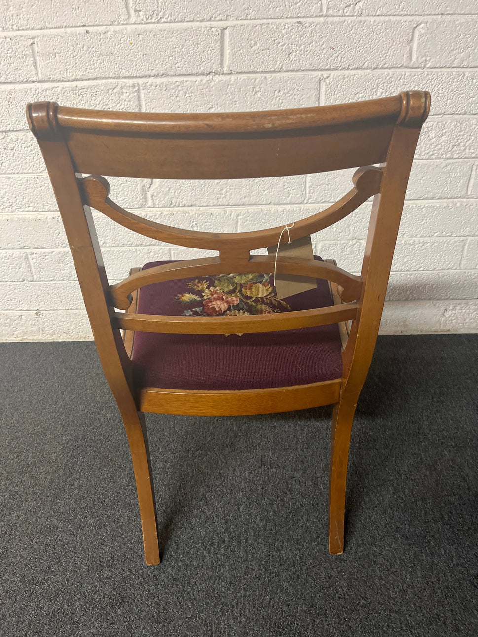 Solid mahogany dining chair with crochet wine floral seat  fabric. Matching carver armchair available  2225