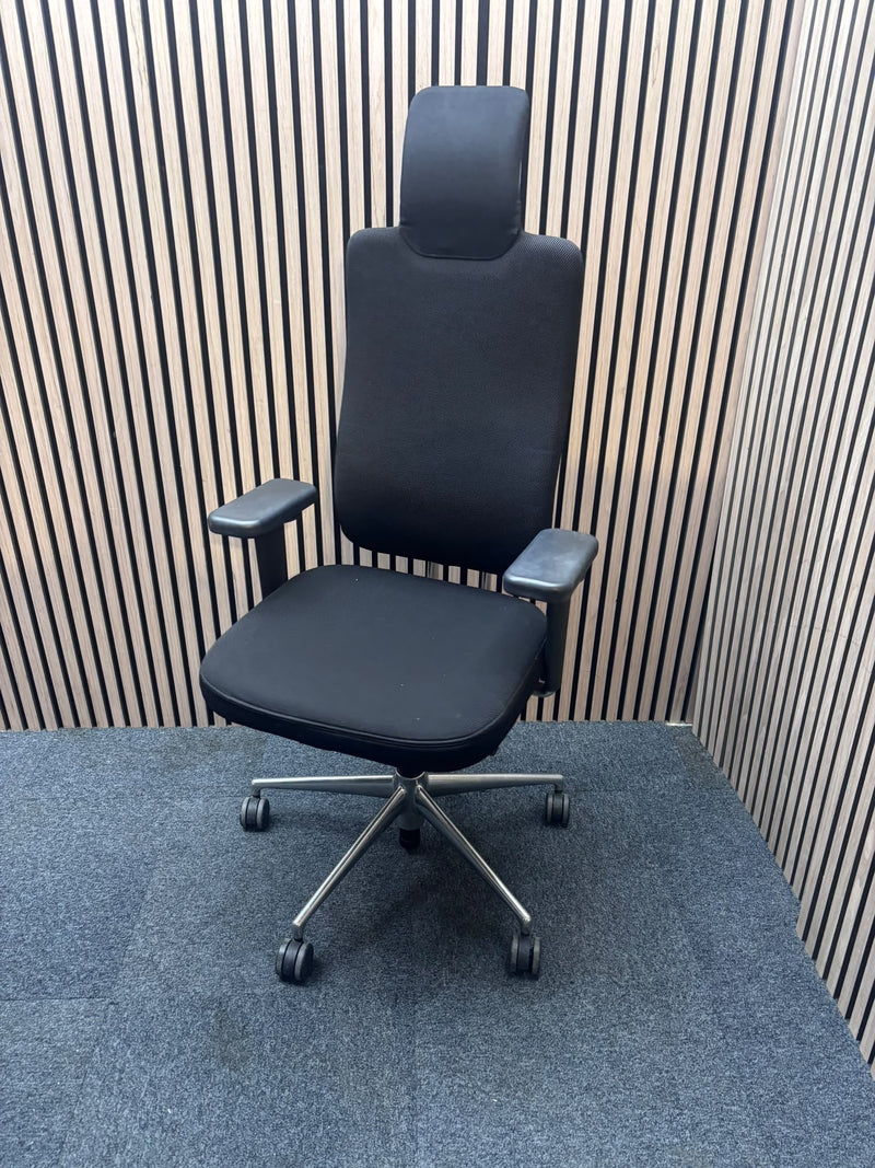 Vitra Headline high back Executive office swivel chair with integrated headrest and adjustable Lumbar support, polished chrome frame and heigh adjustable arms on a polished chrome 5 star base