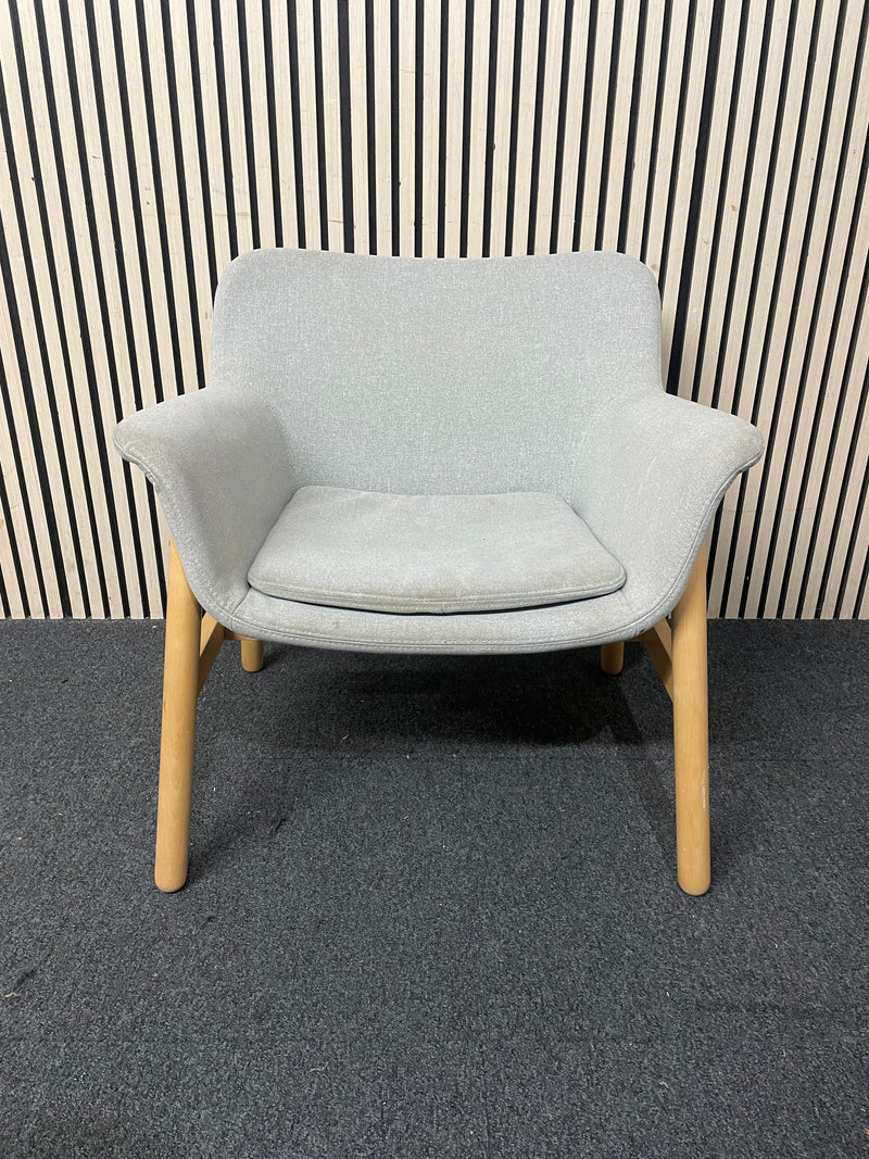 modern grey fabric armchair with wooden legs.  44795