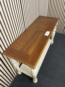 Rectangular console table with wood top and white turned legs.  44521